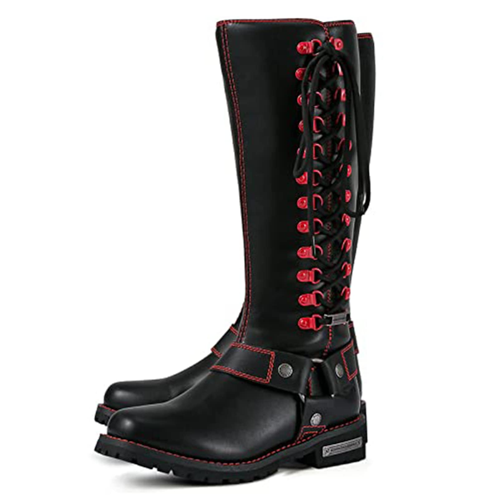 Dream Apparel Women's Motorcycle Riding Boots - Black PU Leather Biker Boots with Square Toe, Lace Up & Side Zipper, Knee High Boots for Harley Davidson & Cruiser Riding, Fashion & Outdoor Adventures