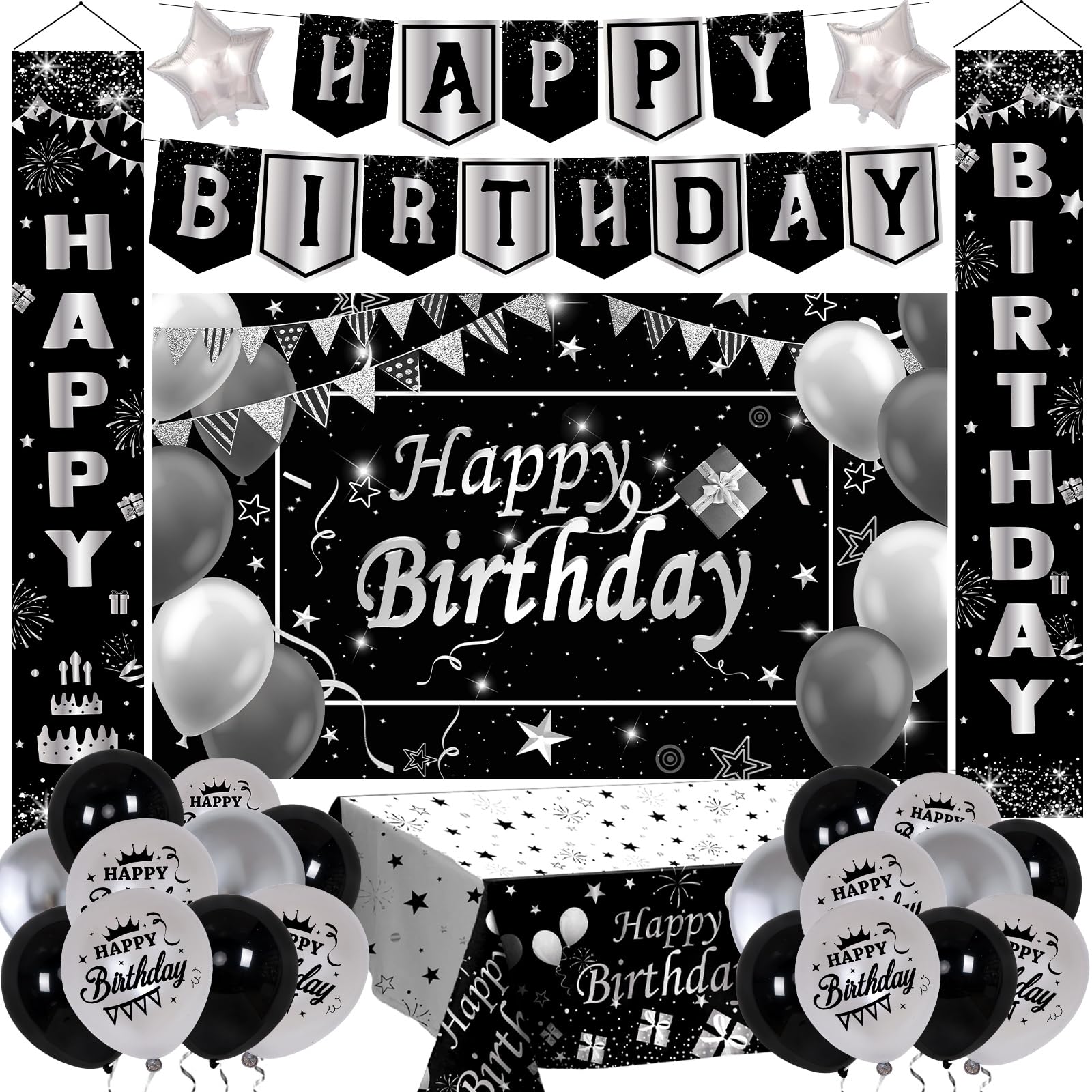 Black & Silver Birthday Party Decorations for Men, Women, Boys & Girls - Happy Birthday Banner, Tablecloth, Backdrop, Porch Sign & Door Decor - Perfect for Indoor/Outdoor Celebrations, Baby Showers & Special Events