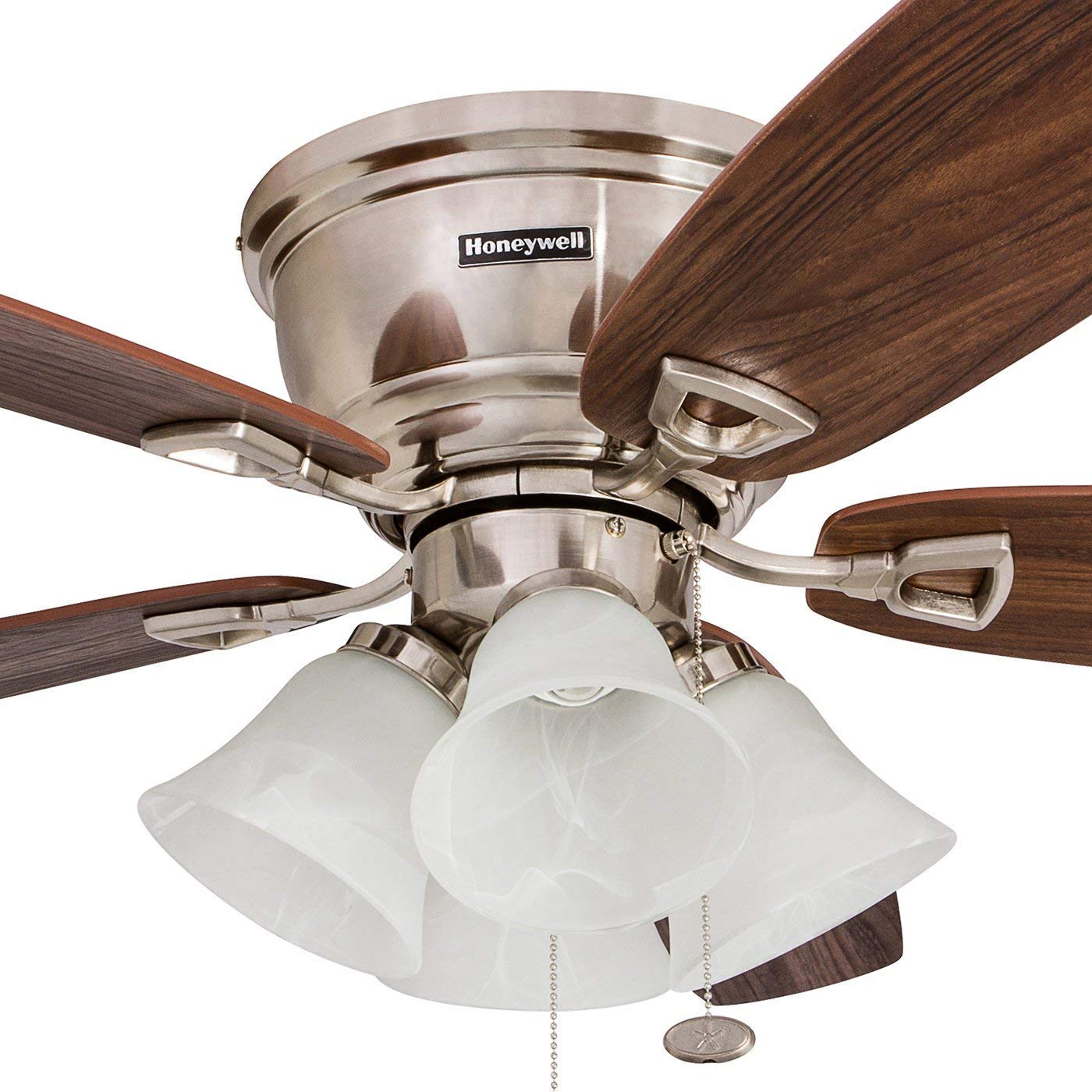 Honeywell 52 Inch Brushed Nickel Ceiling Fan with LED Light - Quick-2-Hang Flush Mount Indoor Fan, Reversible Motor & Dual Finish Blades for Living Room, Bedroom & Office (Model 50182)