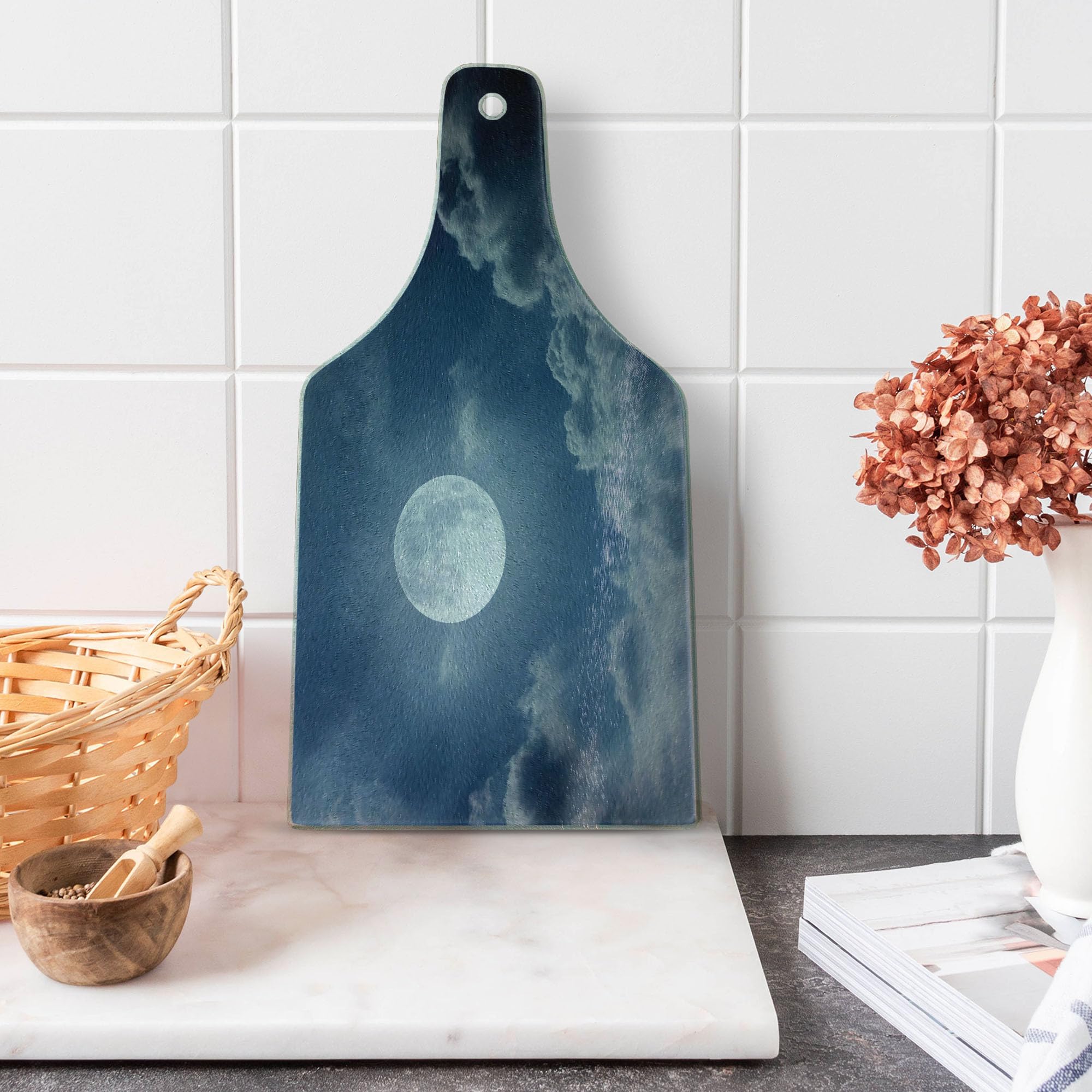 Ambesonne Moon Themed Tempered Glass Cutting Board - Night Sky with Full Moon & Clouds Space Photography Print - Decorative Serving Board for Cheese, Charcuterie & Wine - Dark Blue & White Wine Bottle Shape - Perfect for Dinner Parties, Gifts & Home Decor