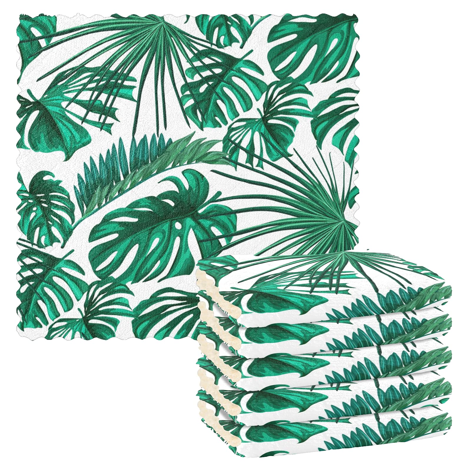 SUABO 6 Pack Monstera Palm Leaf Kitchen Towels - Reusable Dish Cloths, Absorbent Cleaning Rags for Dishes, Countertops & Household Chores - Eco-Friendly Kitchen Essentials for Cooking, Drying & Decor