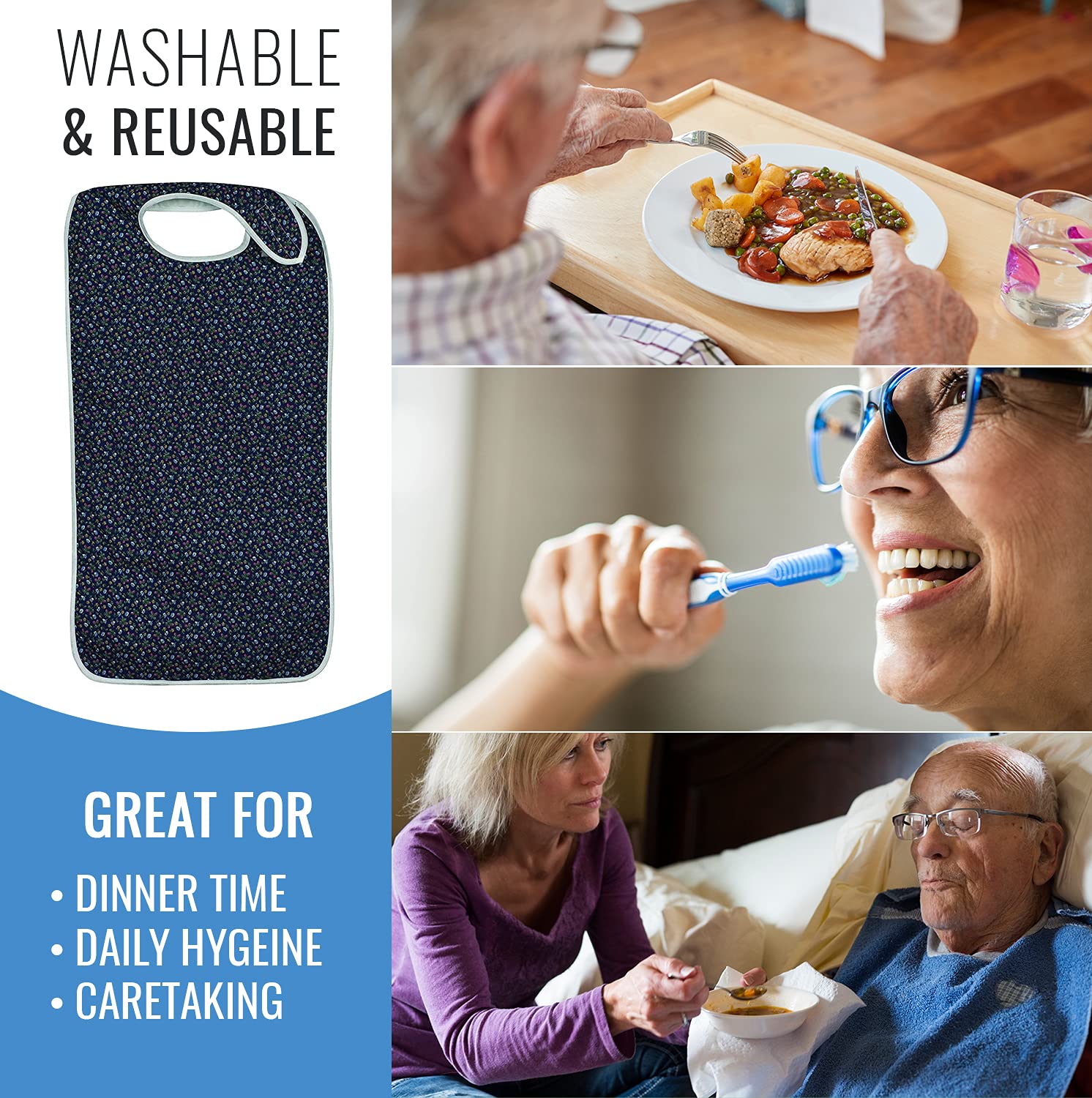 DMI Washable Waterproof Adult Bibs for Men & Women - Reusable Eating Bibs for Elderly & Adults - Green Print Design - Perfect for Dining, Nursing Homes & Mealtime Protection