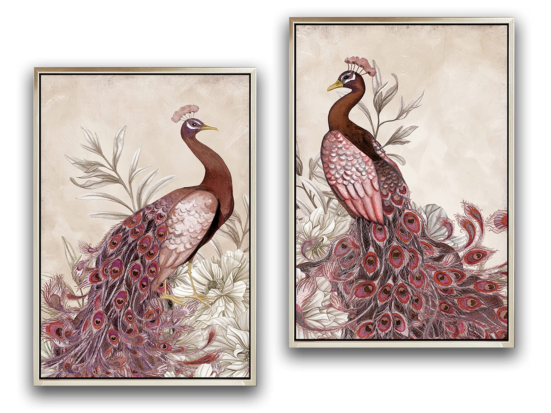Peacock Framed Wall Art - 2 Panels Canvas Pink Peacock Tail Feather with Flowers Painting, Animal Wall Décor for Living Room, Bedroom, Bathroom & Farmhouse - Perfect for Home Decor, Housewarming Gifts & Office Wall Art (24
