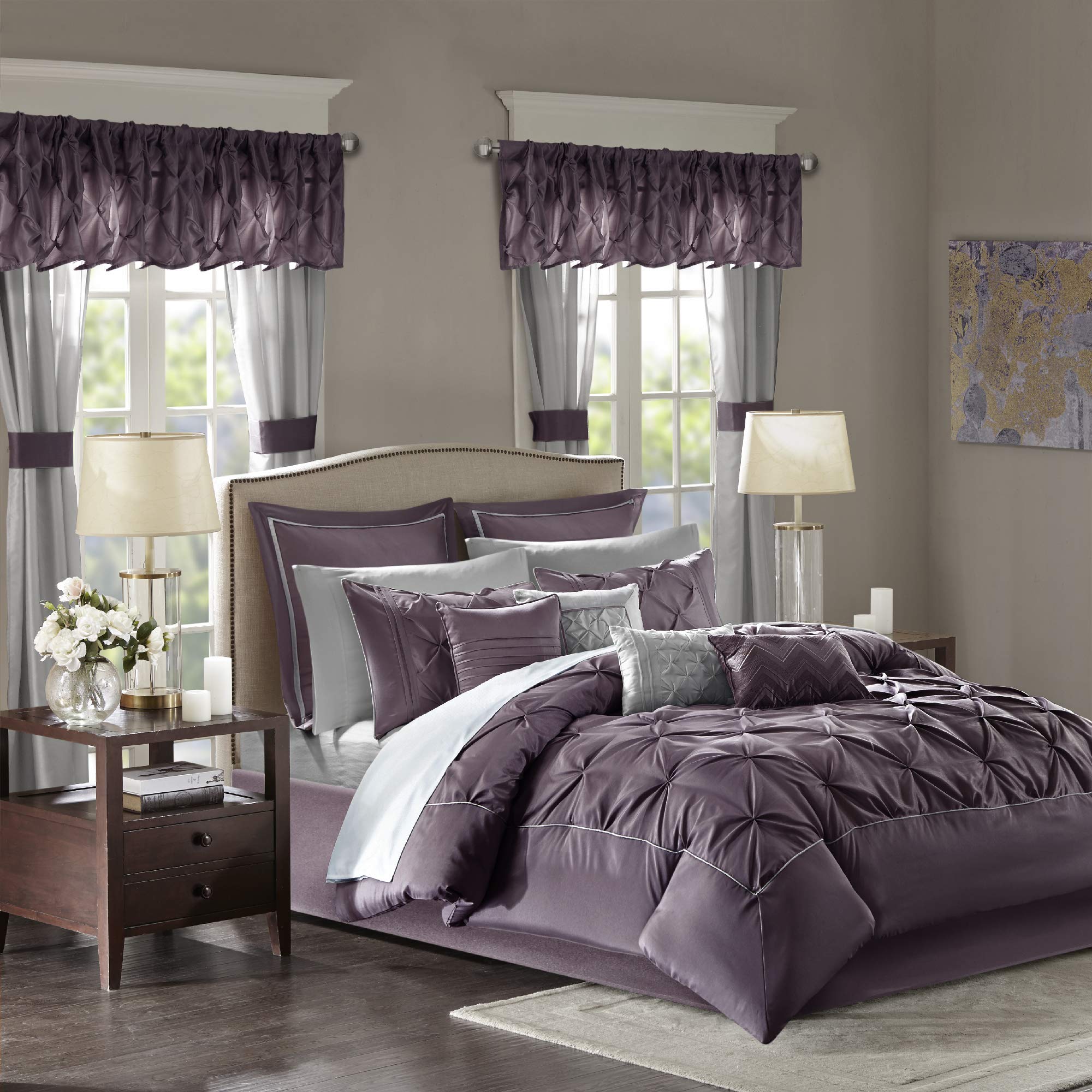 Madison Park Essentials 24-Piece Cal King Comforter Set with Matching Curtains & Decorative Pillows - Luxe Diamond Tufting Bedding Collection for Master Bedroom | Joella Plum Color