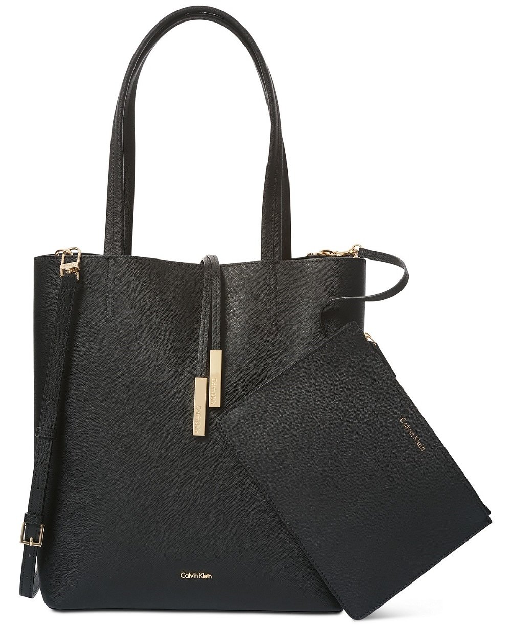 Calvin Klein Women's Kalina Medium Tote Bag with Pouch - Black & Gold Crossbody Handbag for Work, Travel & Everyday Use