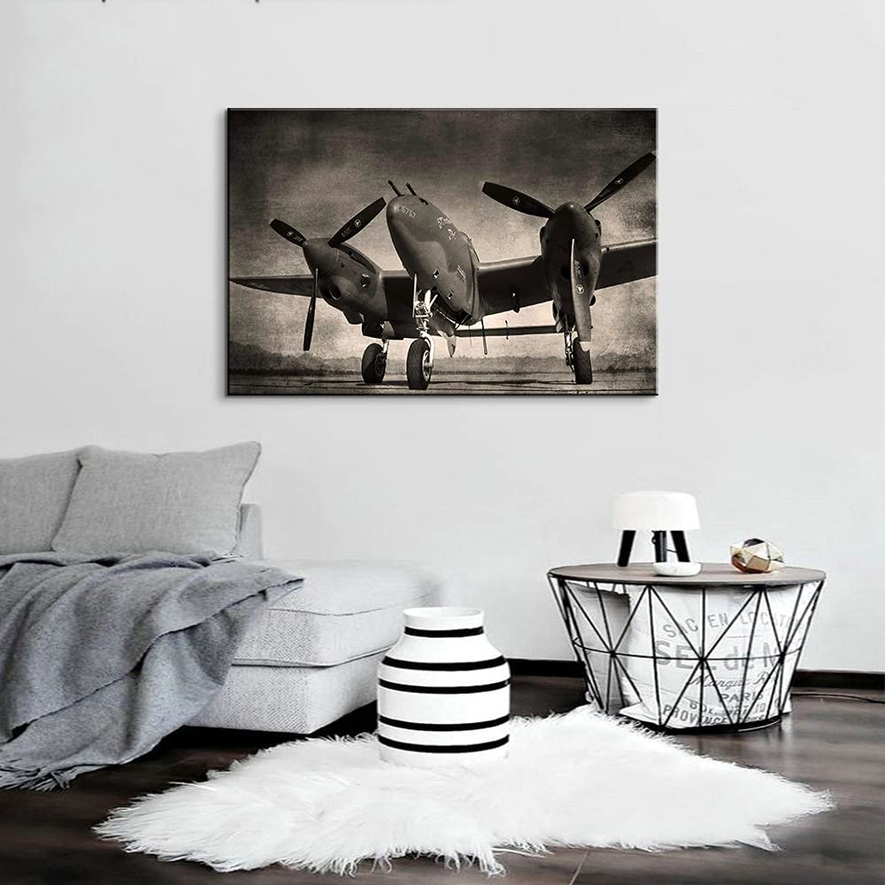 Black and White Twin Engine Airplane Canvas Wall Art - Aviation Decor, Airplane Propeller Wall Decor, Airplane Posters & Gifts for Home - Ready to Hang (28''H x 40''W) - Perfect for Living Room, Bedroom, Office & Aviation Enthusiast Spaces