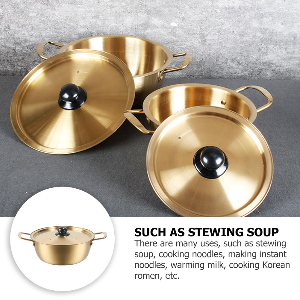 Premium Stainless Steel Korean Ramen Noodle Pot with Lid - 18cm Golden Double Handle Ramyun Cooker for Soup, Stew & Instant Noodles | Perfect for Home Kitchen & Restaurant Use | Durable Stockpot for Quick Meals & Asian Cuisine