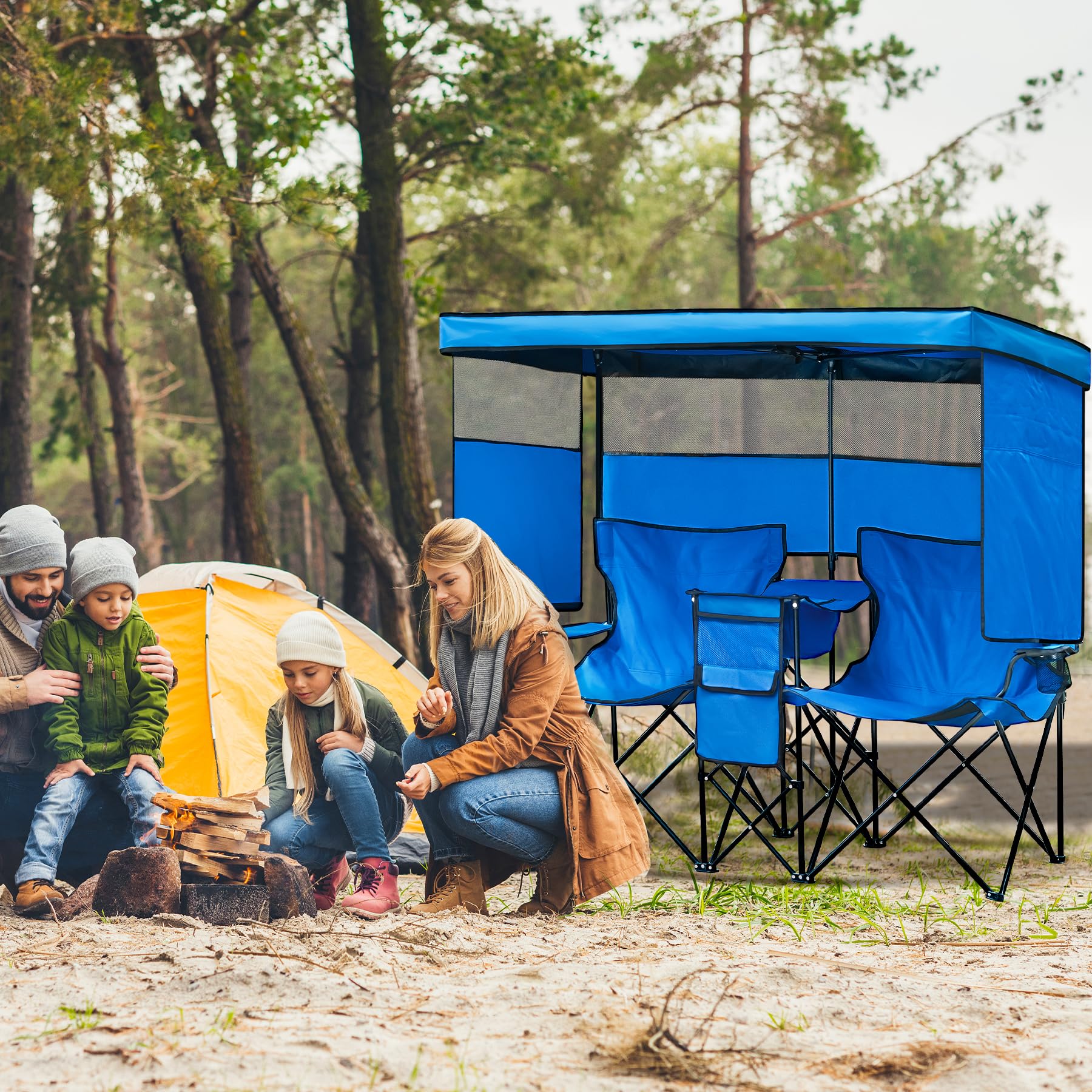 Double Camping Chair with Canopy Shade & Cup Holder - Portable Folding Loveseat with Cooler Bag for Beach, Sports, Lawn, Patio & Outdoor Activities - Perfect for Picnics, Camping Trips & Backyard Relaxation