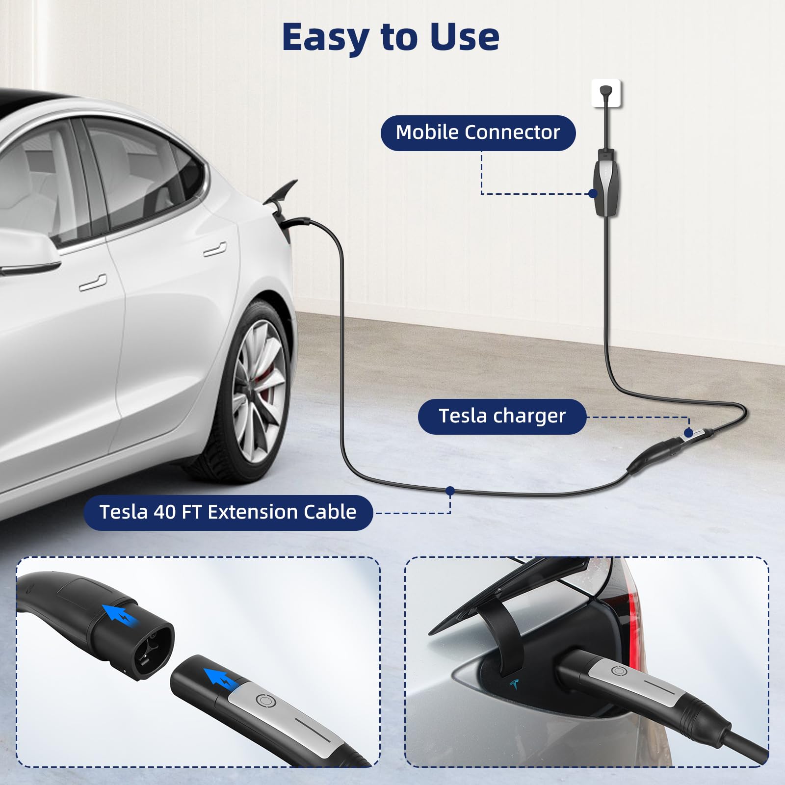 40FT Tesla Extension Cord with NACS Plug - 48Amp 110-240V Charger Cable for Model Y/X/3/S/Cybertruck - Includes Carrying Bag & Cord Organizer - Perfect for Home, Garage & Road Trip Charging