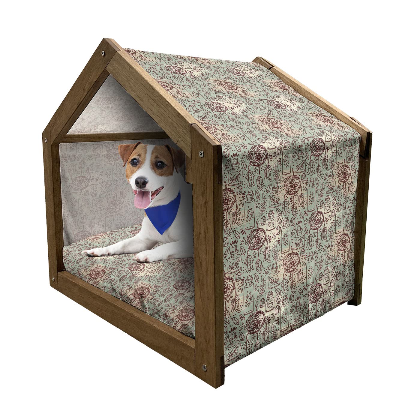 Ambesonne Boho Wooden Pet House with Feathers, Crystals & Bottles - Alchemy Tribal Design Dog Kennel with Pillow & Cover - Portable Indoor/Outdoor Dog Bed for Small Pets - Maroon Seafoam Ivory - Perfect for Boho Home Decor & Cozy Pet Napping Spaces
