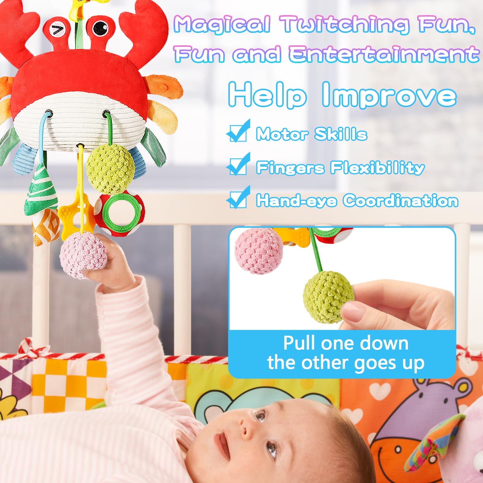 Best Baby Car Seat Toys for 0-6 Months - Soft Crab Stroller Toy with Clamp, Mirror, Rattle & Crinkle Sounds - Perfect Newborn Developmental Toys for 3-6 Months - Ideal Gift for Infants 0+ (Great for Strollers, Car Seats & Playtime)