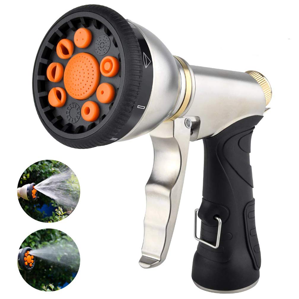 Heavy Duty Metal Garden Hose Nozzle Spray Gun - 9 Adjustable Watering Patterns, High Pressure Water Sprayer with Comfort Grip - Perfect for Car Washing, Lawn Watering, Pet Bathing, and Outdoor Cleaning