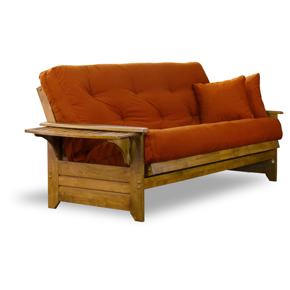 Brentwood Full Size Wood Futon Frame with Tray Arm - Heritage Finish for Living Room, Guest Room, or Small Space