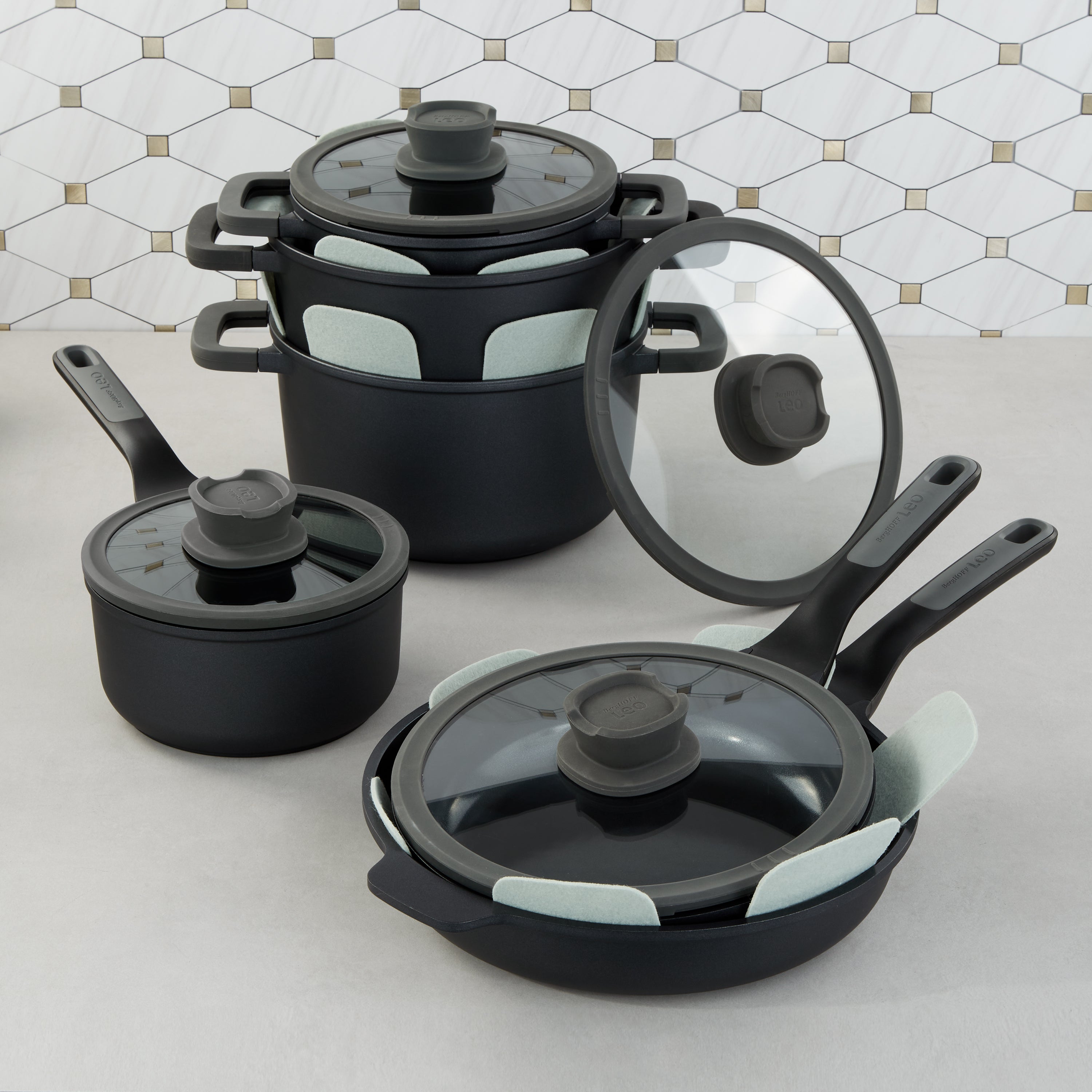 BergHOFF Leo Stone+ 10-Piece Nonstick Ceramic Cookware Set - Healthy Cooking for Everyday Meals & Family Dinners