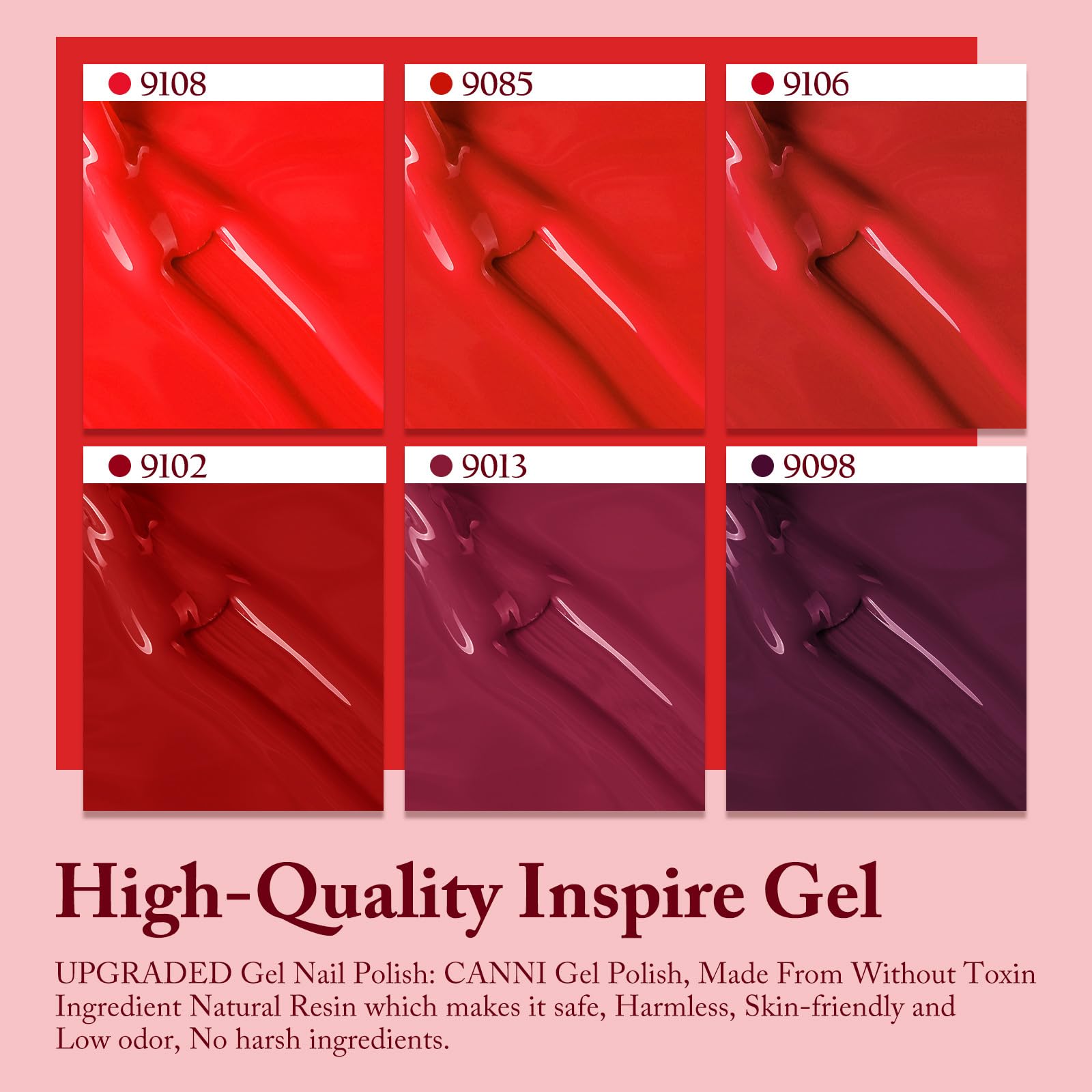 CANNI Red Gel Nail Polish Set - 6 Colors 9ML Dark Red Burgundy Nail Polish Kit for UV/LED Light, Soak Off Gel Polish for Nail Art Design, DIY Manicure, Salon & Home Use - Perfect for Parties, Weddings & Everyday Wear