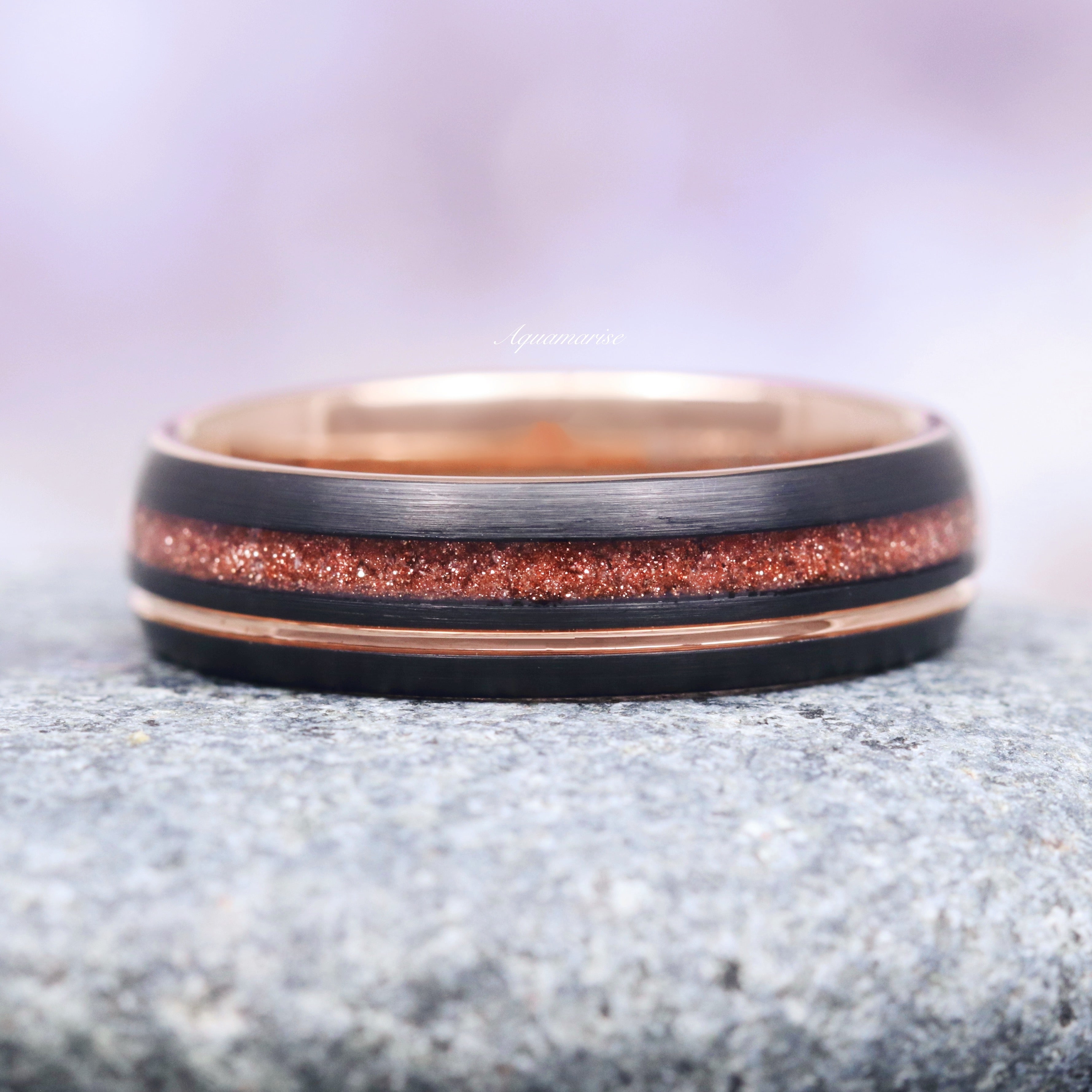 Solar Flare Orange Sandstone Wedding Band - 6MM Rose Gold & Black Tungsten Ring for Men - Durable & Stylish Mens Wedding Ring for Outdoor & Formal Occasions