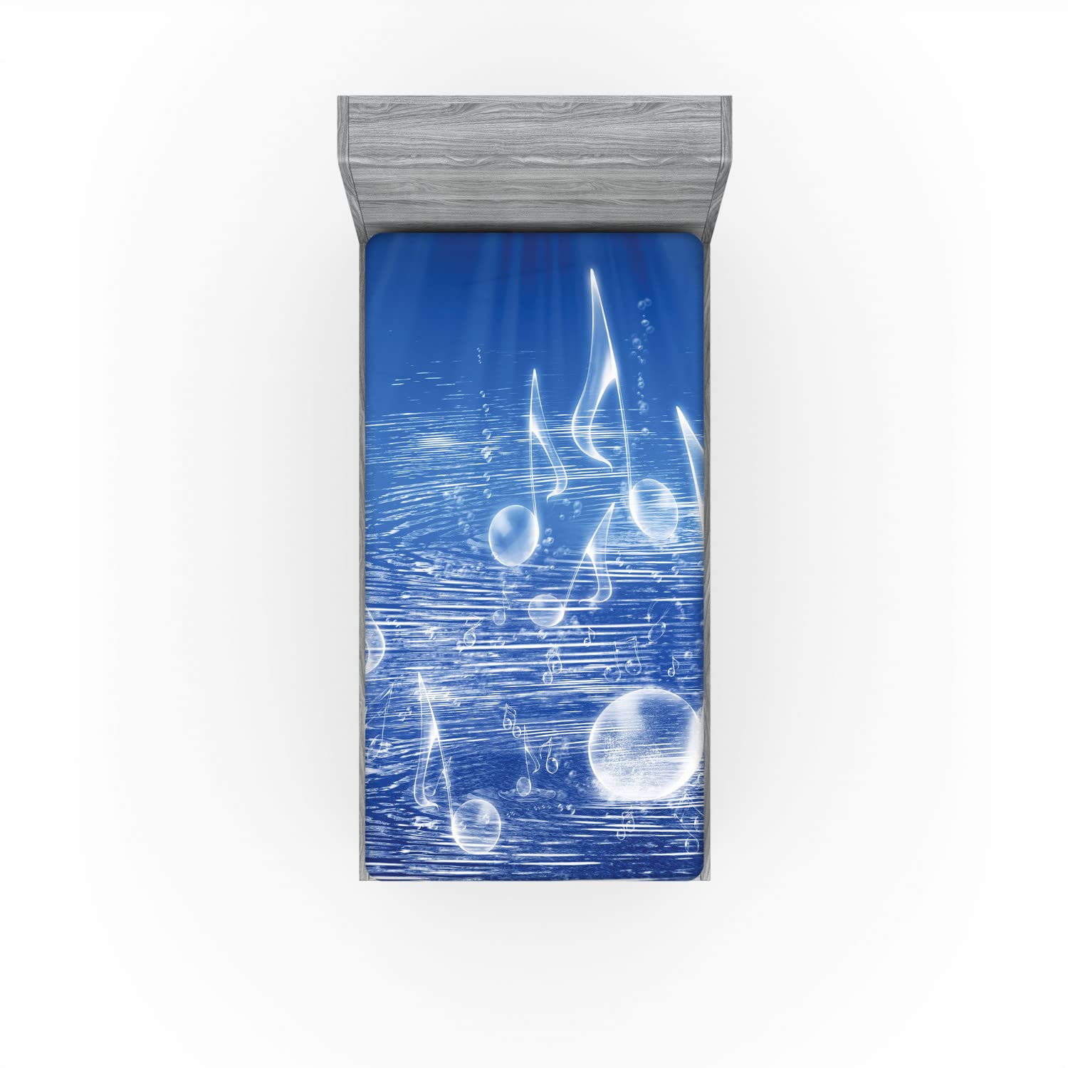 Ambesonne Music Themed Fitted Sheet - Twin Size Blue with Water Musical Notes & Dancing Waves Design | Deep Pocket All-Around Elastic for Comfort | Perfect for Music Lovers' Bedrooms, Dorms & Guest Rooms