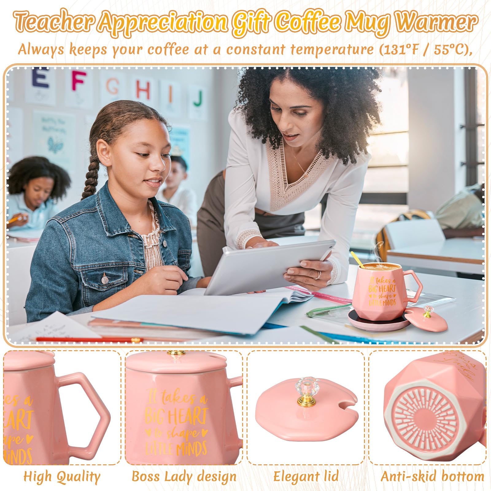 Electric Coffee Mug Warmer Set - 13.5 oz Teacher Appreciation Gift with 'It Takes a Big Heart to Shape Little Minds' Quote - Perfect for Teacher's Day, Women Educators & Teacher Week - Ideal for Classroom, Office or Home Use to Keep Drinks Warm