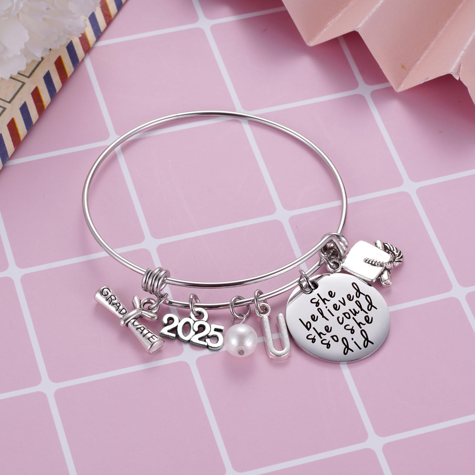 Ukodnus Class of 2025 Graduation Bracelet - Personalized 26 Initial Charm Bracelet for High School & College Seniors - Inspirational Gift for Her - Perfect for Graduation Ceremonies, Parties & Keepsakes