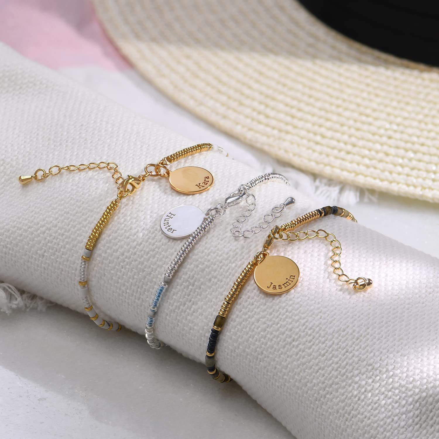 Personalized Beads Bracelet & Anklet Set - Custom Engraved Gold Plated & Sterling Silver Pendant Jewelry - Unique Mother's Day Gift for Women - Perfect for Birthdays, Anniversaries & Special Occasions