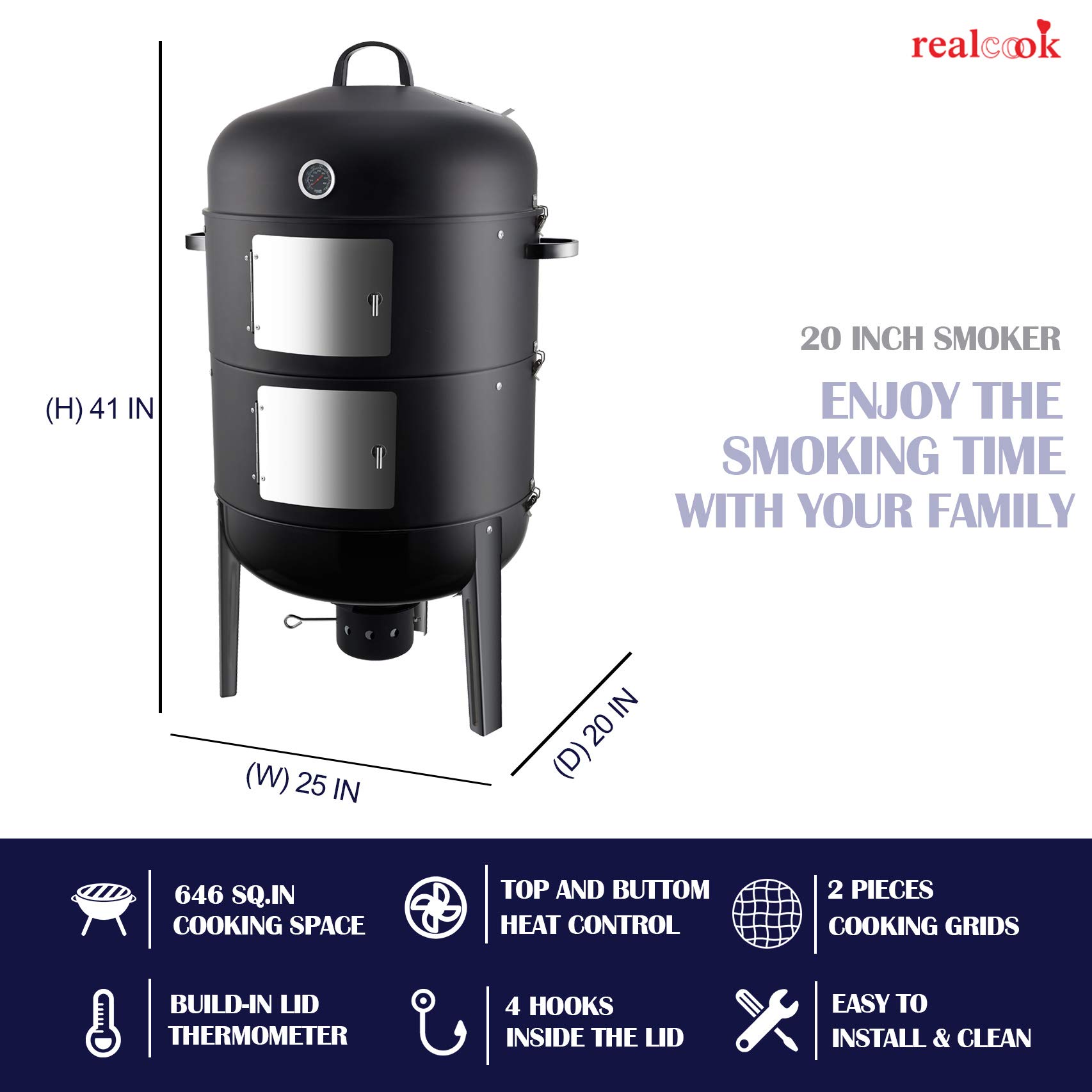 Realcook 20 Inch Charcoal BBQ Smoker Grill - Vertical Outdoor Smoker for Backyard, Camping & Tailgating - Perfect for Smoking Ribs, Chicken & Brisket