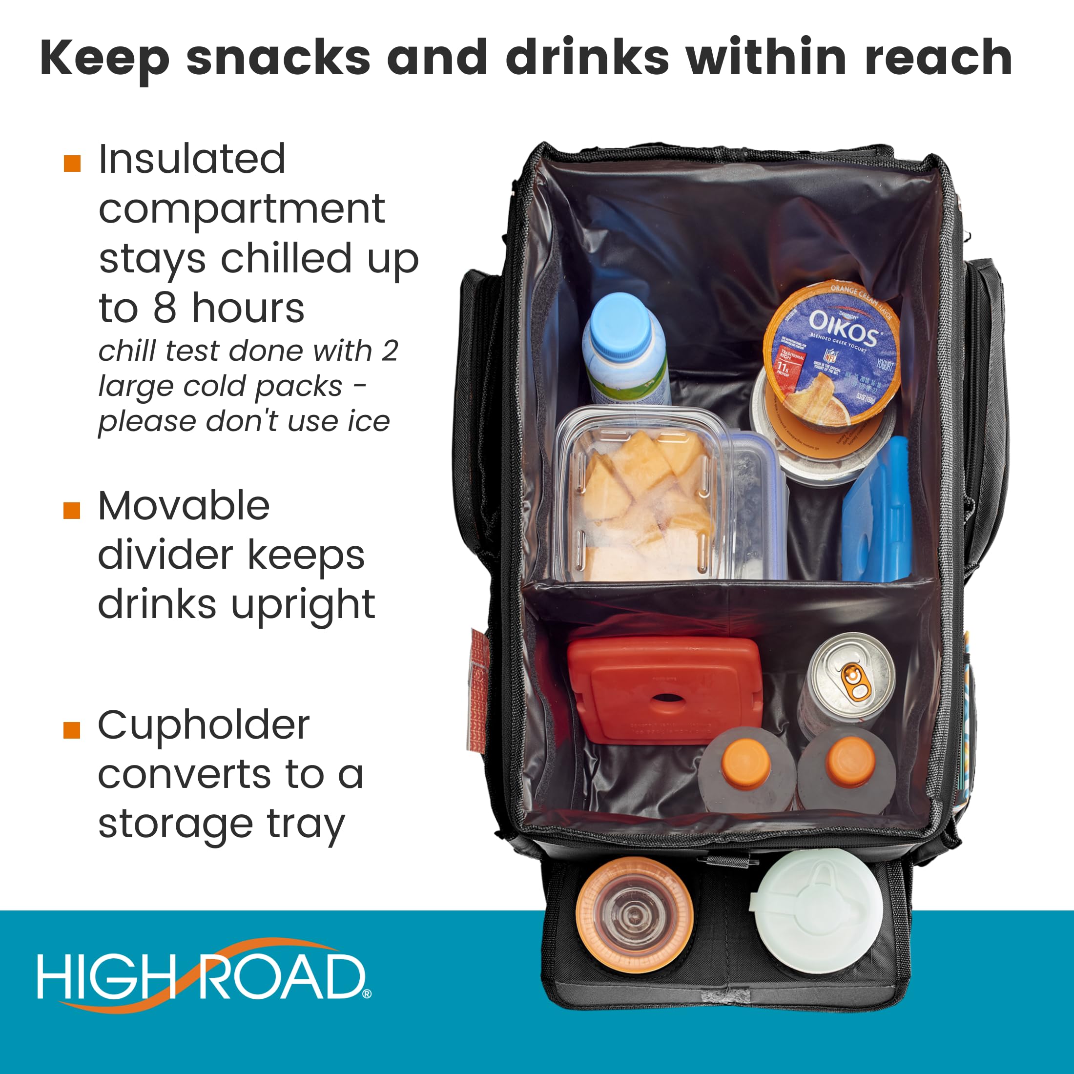 High Road Large CarHop Car Seat Organizer for Kids & Adults - Front/Back Seat Storage with Cup Holder Tray, Side Pockets & Cooler Compartment | Perfect for Road Trips, Family Travel & Daily Commutes