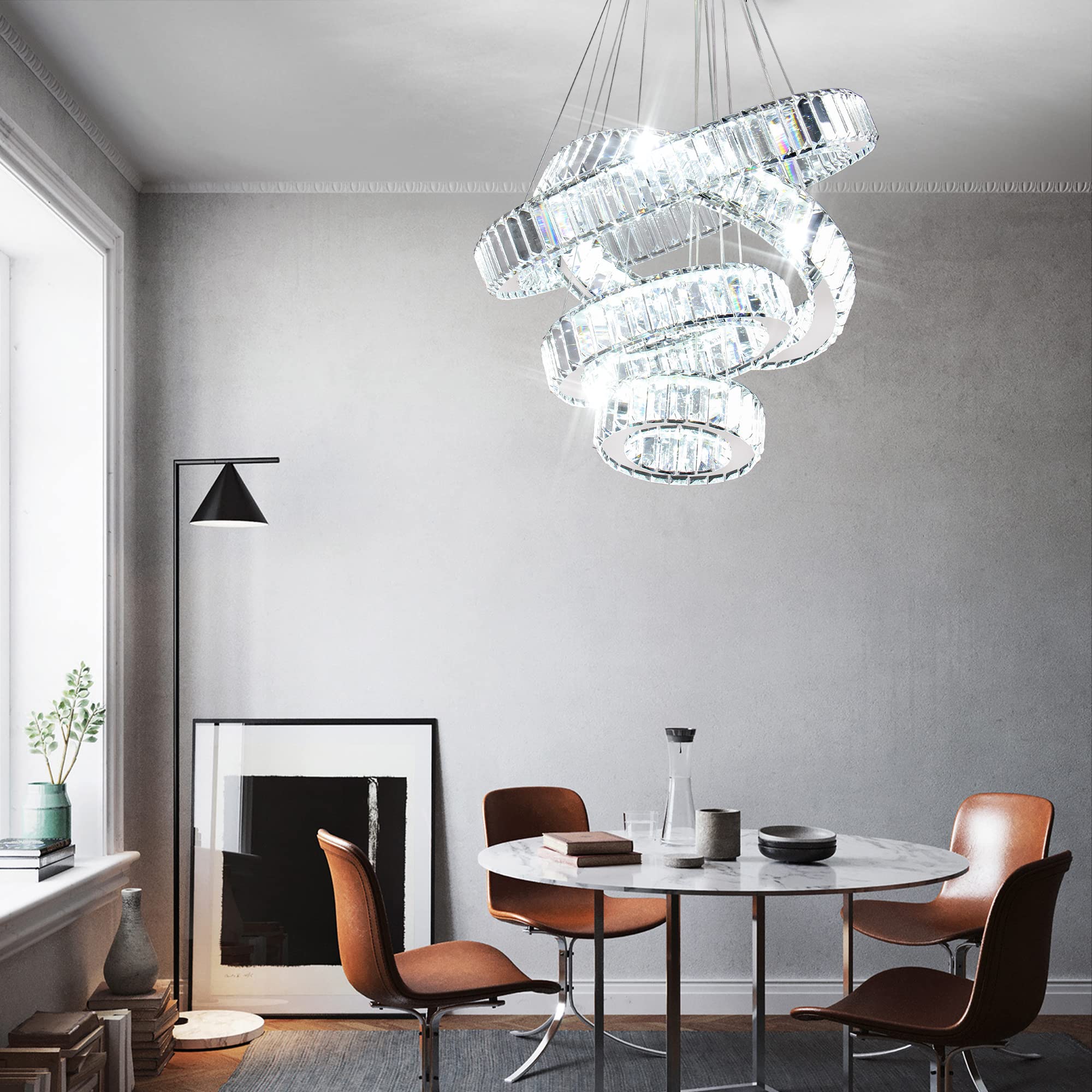 Elegant Modern LED Crystal Chandelier Pendant Light - 4 Ring Design for Dining Room, Bedroom & Living Room - Adjustable Sizes (7.9