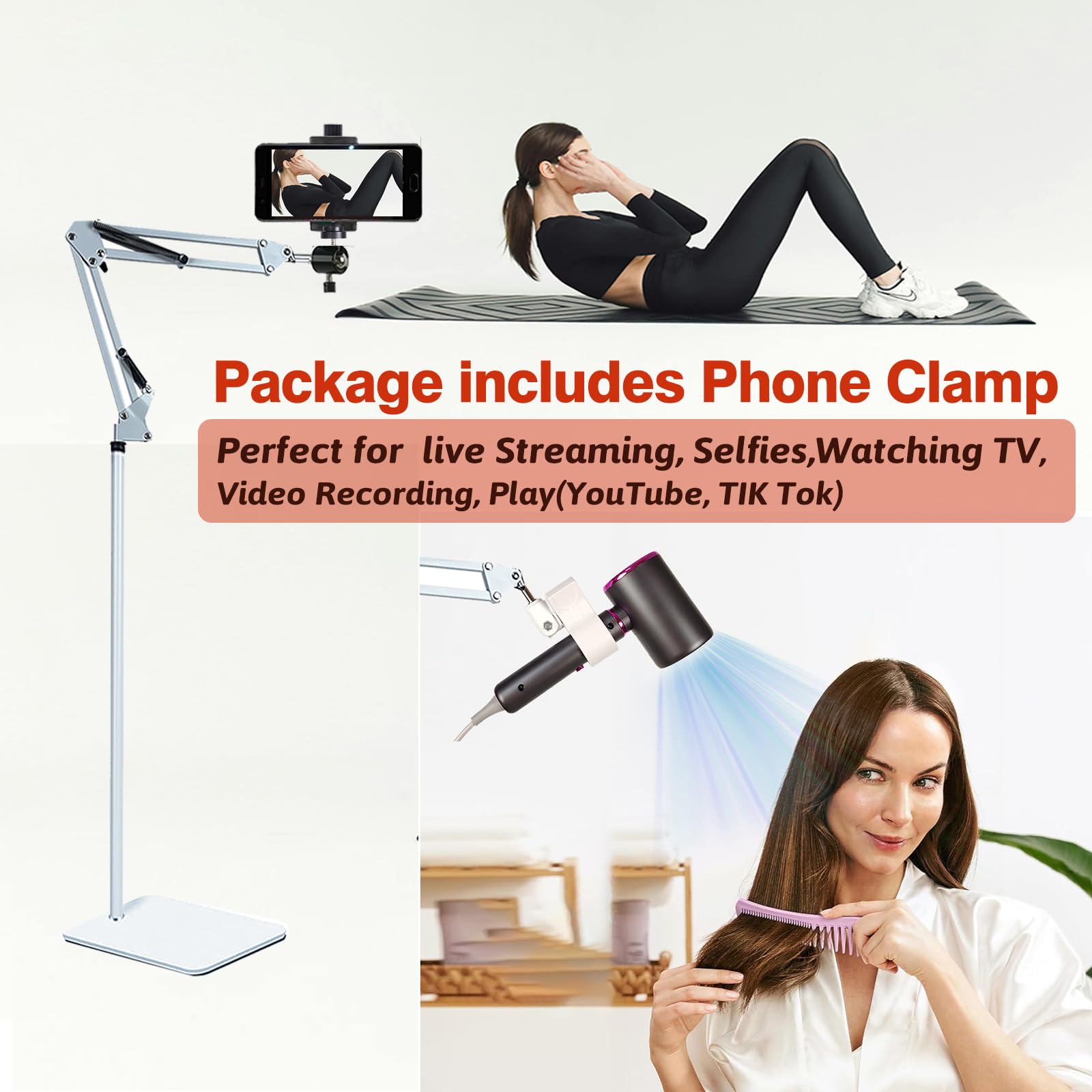 Hands Free Hair Dryer Stand Holder - Adjustable 360° Rotating Blow Dryer Stand with Clip, Compatible with 99% Hair Dryers for Salon & Home Use