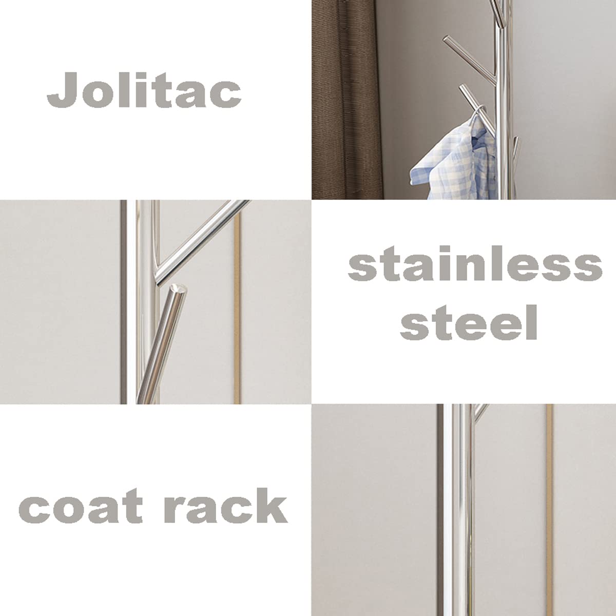 Jolitac Premium Metal Coat Rack Stand - Satin Steel Finish with Marble Base, Sturdy Free-Standing Hat & Coat Hanger with Multiple Hooks for Bedroom, Entryway, or Closet - Easy Assembly & Space-Saving Design (Satin Steel)