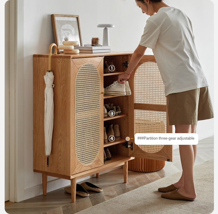 Oak Solid Wood Rattan Shoe Cabinet - Rustic Entryway Storage Organizer for Shoes, Boots & Accessories | Perfect for Hallway, Mudroom & Closet Organization