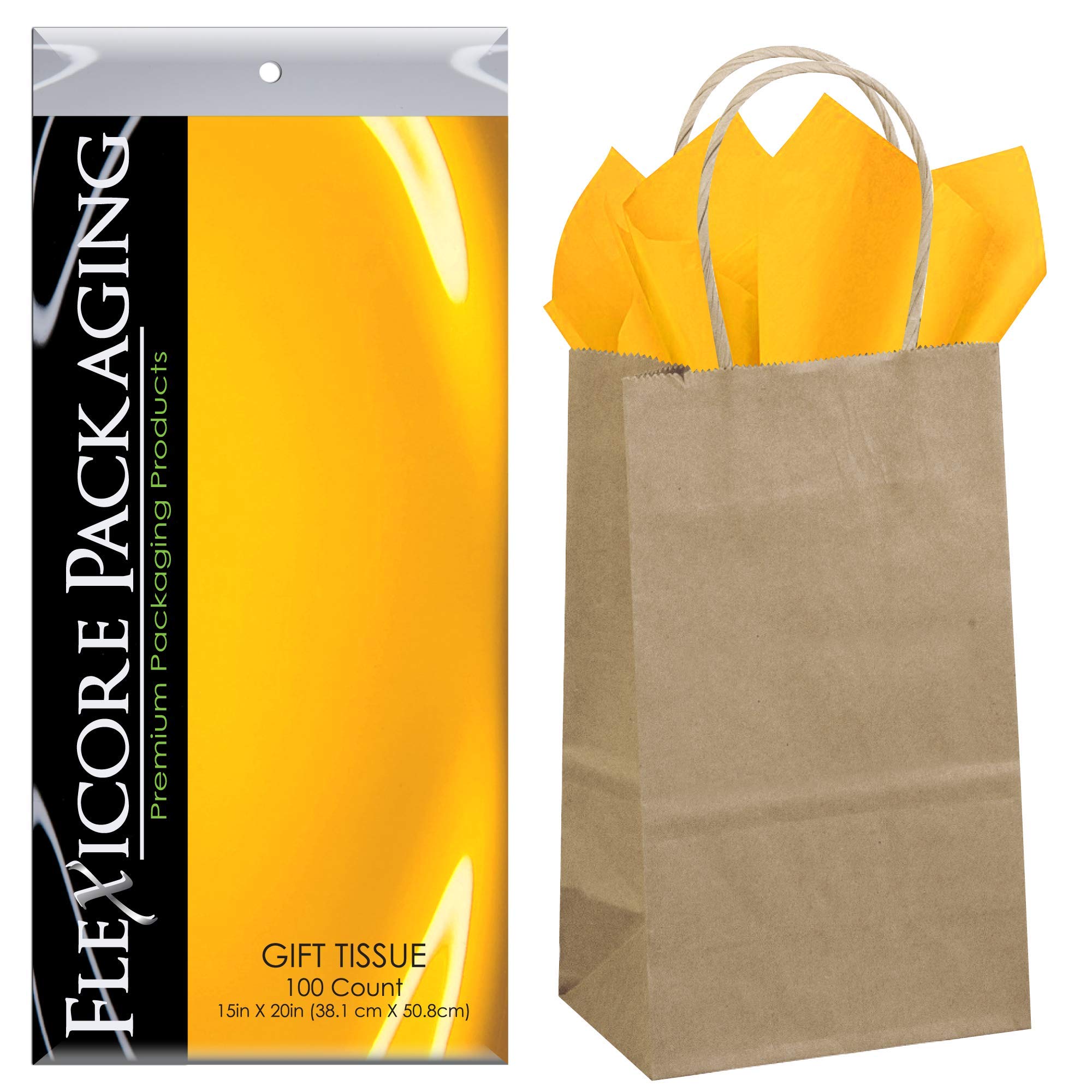 Flexicore Packaging® 50-Pack Natural Brown Kraft Paper Gift Bags with 100 Sheets Goldenrod Yellow Tissue Paper - Eco-Friendly Party Favor Bags for Weddings, Birthdays & Holiday Gifts