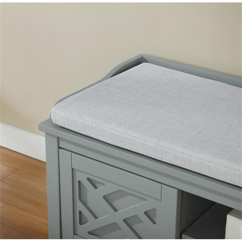 Coventry 45-inch Wooden Storage Bench with Cushion & Decorative Side Panels - Gray Accent Table for Entryway, Mudroom & Laundry Room - Adjustable Removable Shelves - Perfect for Home Organization & Cozy Seating