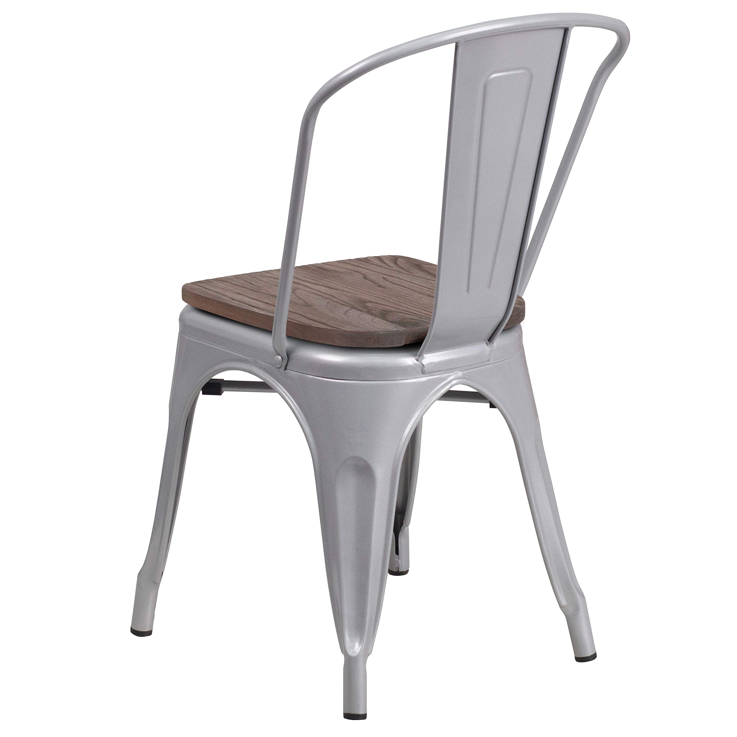 4 Pack Silver Metal Stackable Chairs with Wood Seats - Commercial Restaurant & Bistro Chairs - Perfect for Cafes, Outdoor Dining & Home Kitchen Use