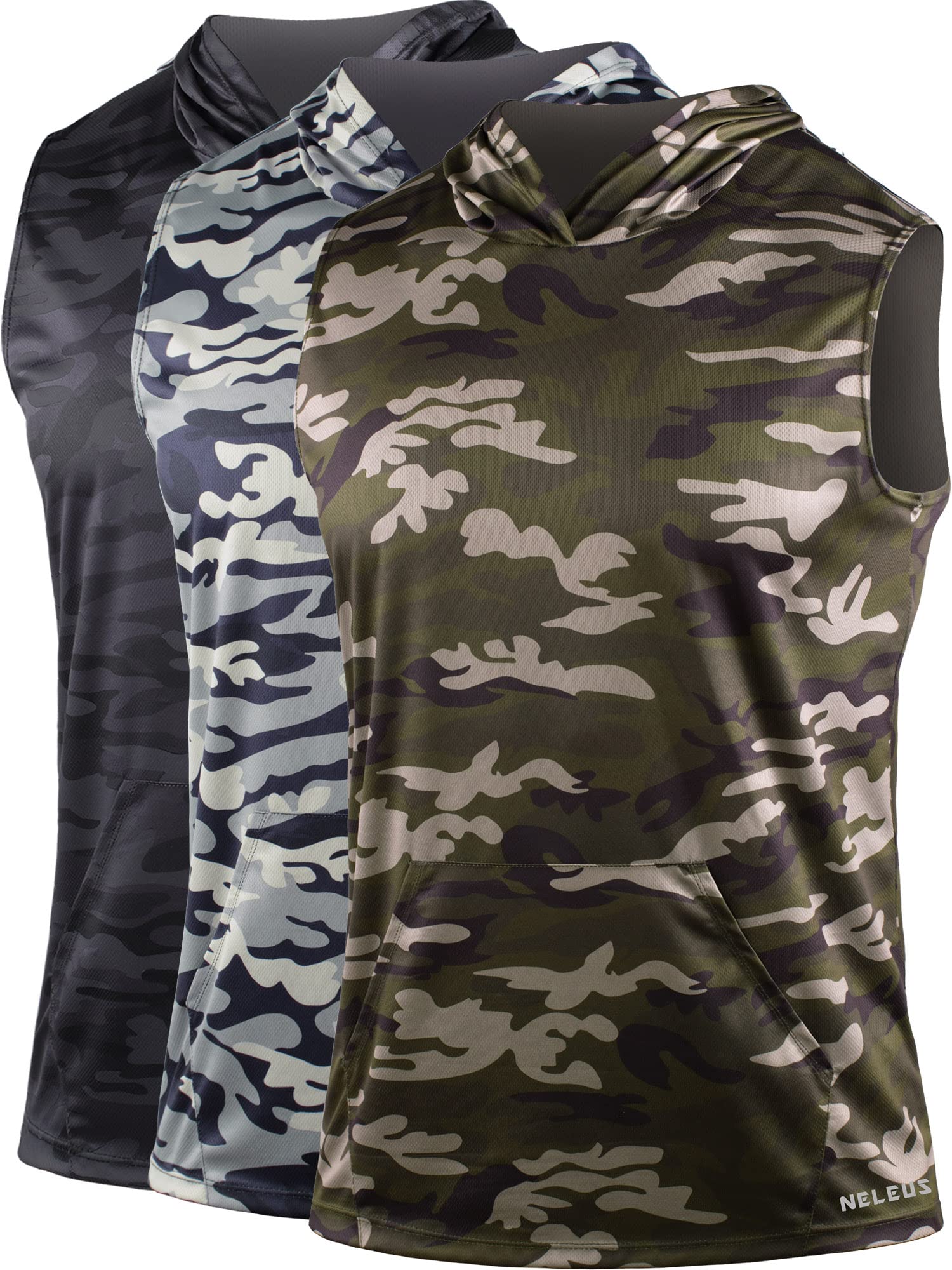 Neleus Men's Running Tank Tops 3 Pack - Breathable Sleeveless Workout Shirts with Hood for Gym, Jogging & Outdoor Sports | Moisture-Wicking Athletic Performance Apparel