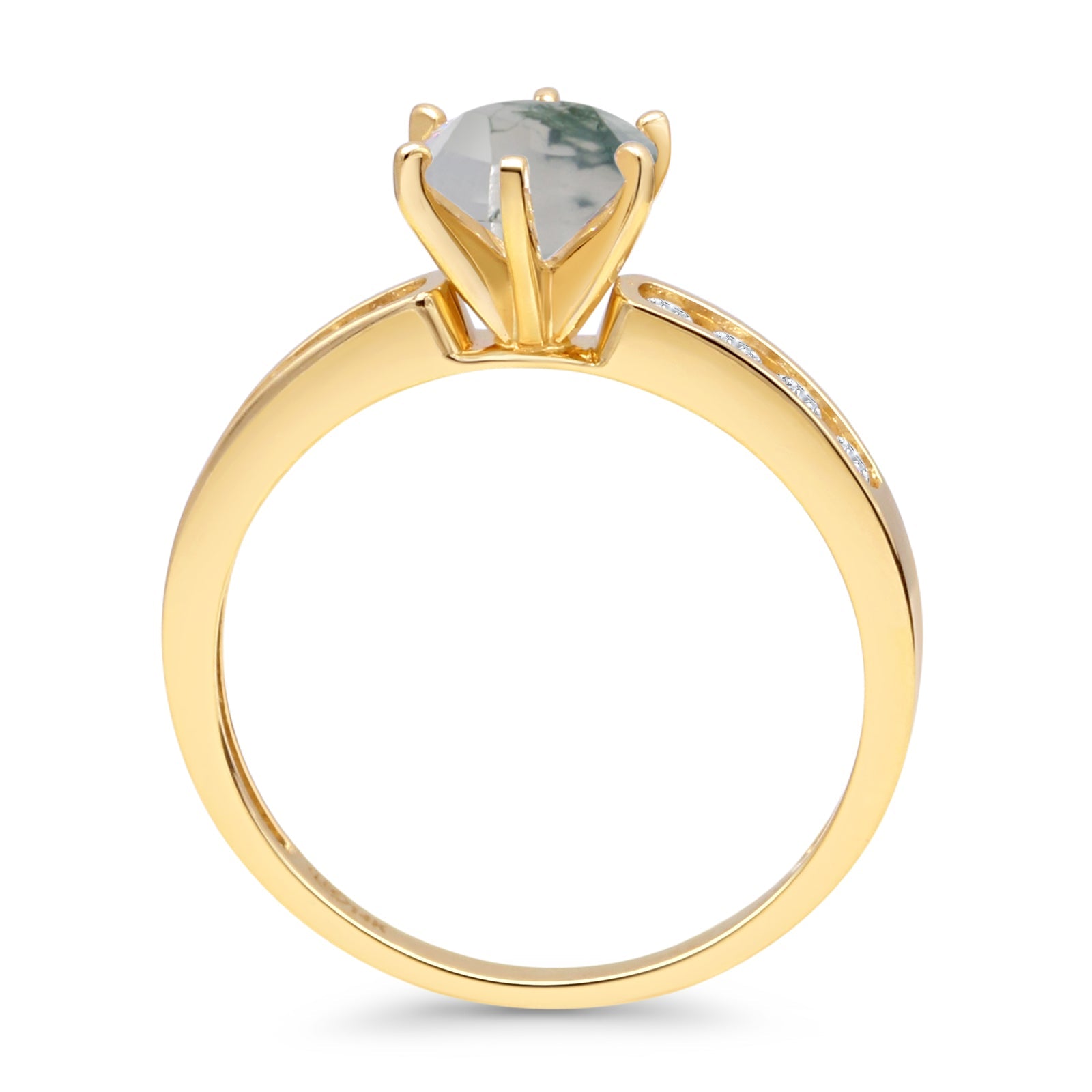 14K Yellow Gold Round Natural Green Moss Agate Cathedral Ring for Women - Elegant Vintage Wedding, Engagement & Everyday Jewelry Gift