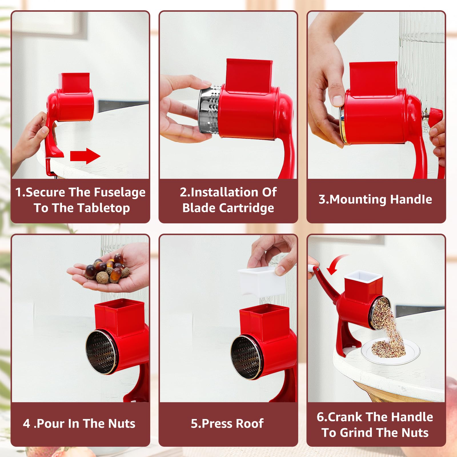 Premium Hand Crank Grain Mill - Manual Corn Grinder for Coffee, Wheat, Oats, Nuts, Herbs & Spices | Durable Cast Iron Construction | Perfect for Home Baking, Camping & Emergency Food Prep (Red)