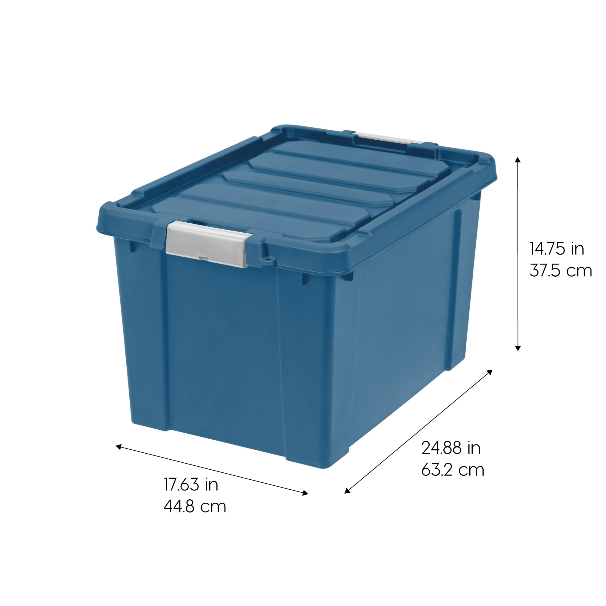 IRIS USA 20 Gallon Heavy Duty Stackable Storage Bins with Lids, 4-Pack Eco-Friendly Lockable Containers - Made in USA, Garage Organization, Moving Boxes, Equipment Storage - Navy Blue - Perfect for Home, Office, and Warehouse Organization