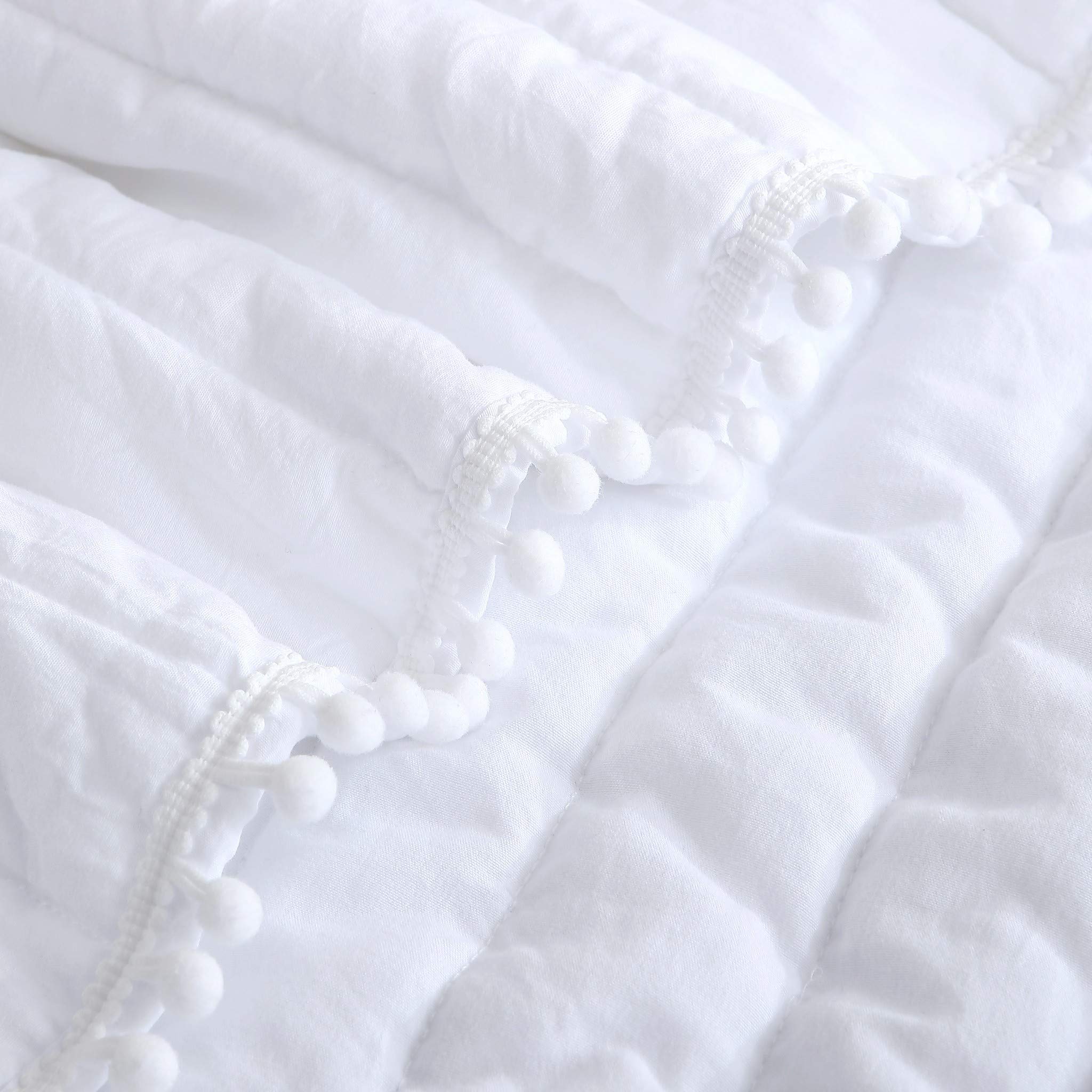 Chezmoi Collection Iris 2-Piece White Pom Pom Quilt Set - Twin Size Ball Fringe Channel Stitch Quilted Bedspread & Washed Microfiber Coverlet | Soft & Cozy Bedding for Girls Room, Guest Bedroom & Dorm Decor
