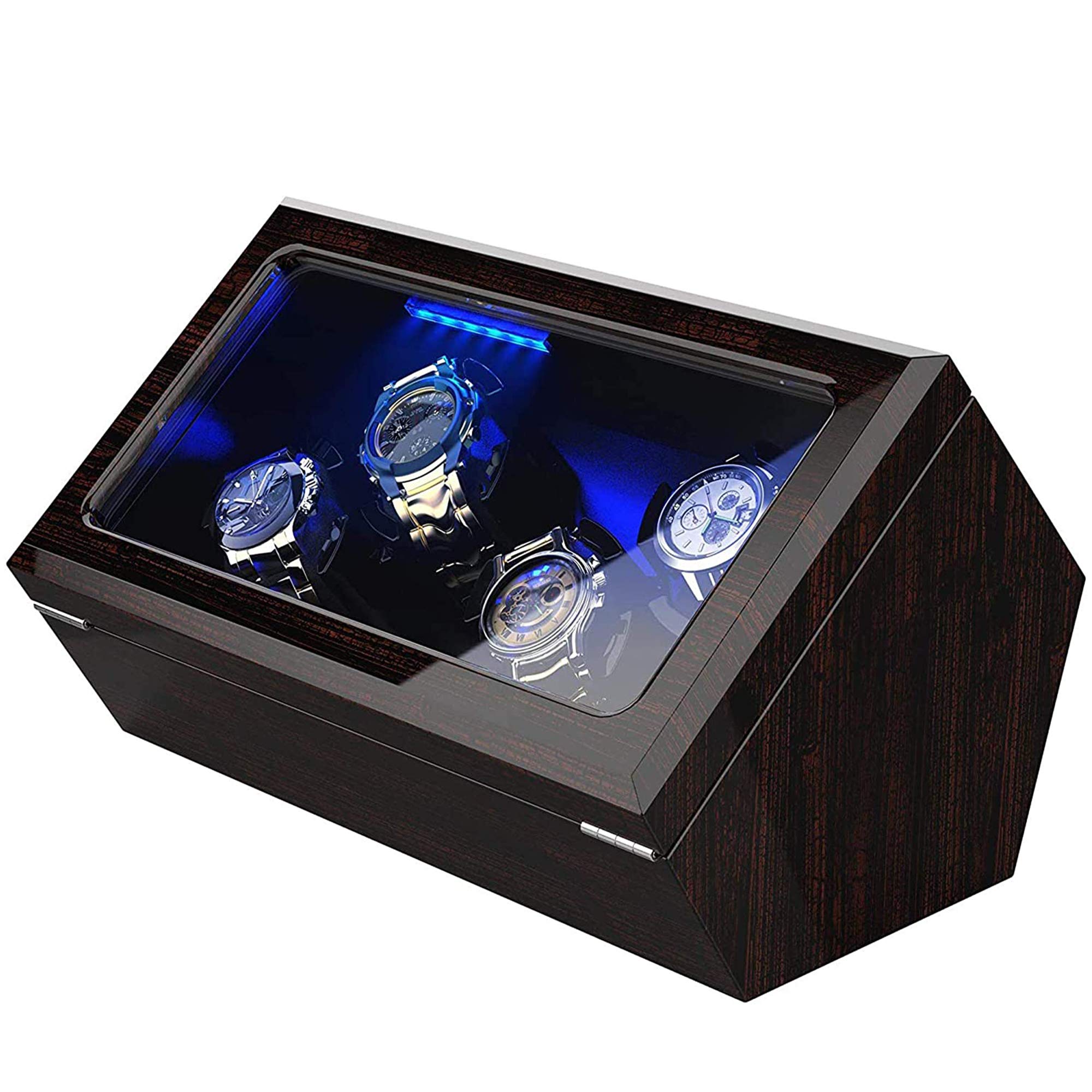 Premium Automatic Watch Winder for Rolex & Luxury Watches - 4 Watch Capacity with Ultra Quiet Motor, Blue LED Display & 4 Rotation Modes - Adjustable Cushions & Dual Power Supply (AC/Battery) - Perfect for Watch Collectors, Travel & Nightstand Storage