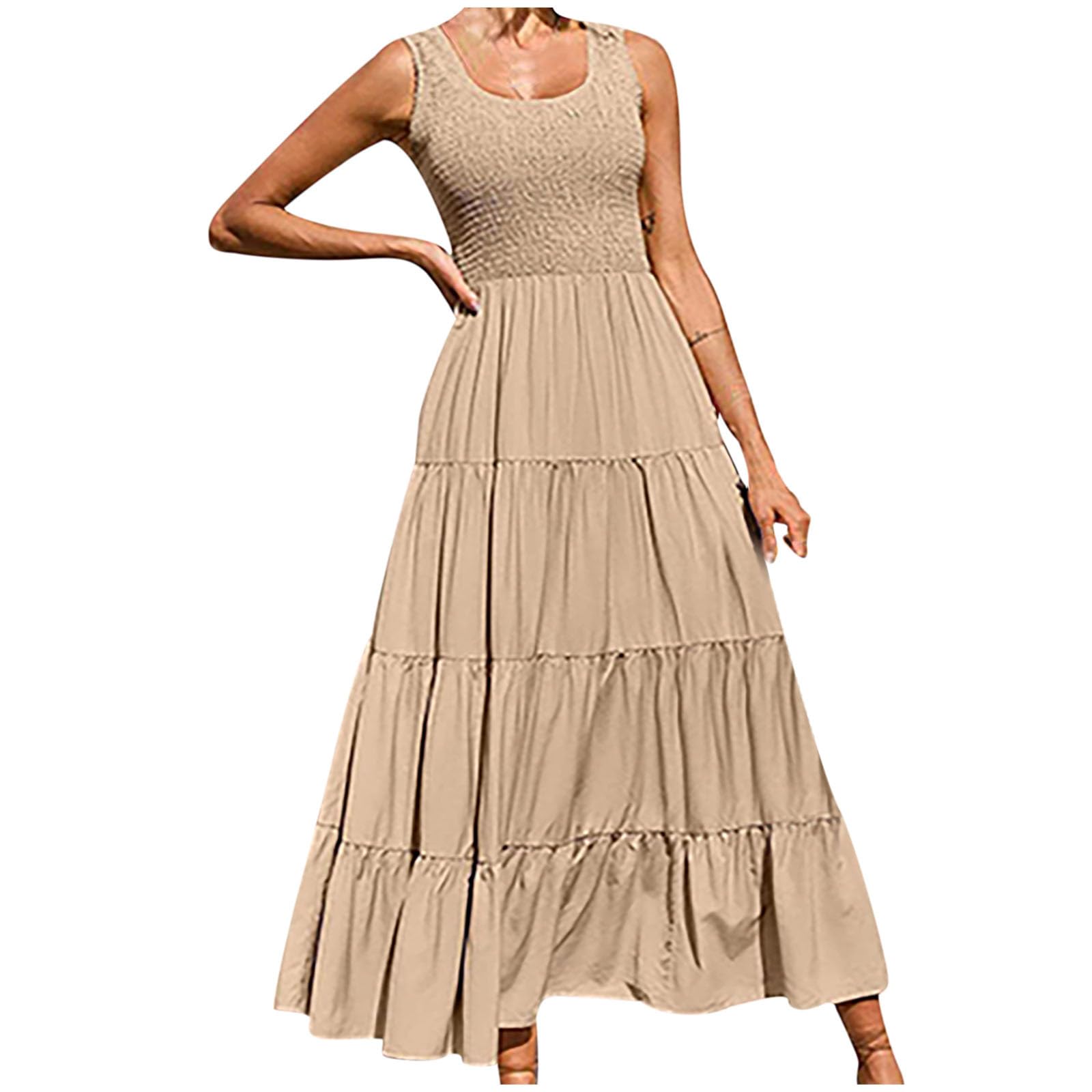 hlysgo Women's Summer Casual Sleeveless Maxi Dress - Smocked High Waist Flowy Tiered Midi Dress for Wedding Guest, Beach Vacation & Outdoor Parties | Lightweight Breathable Fabric