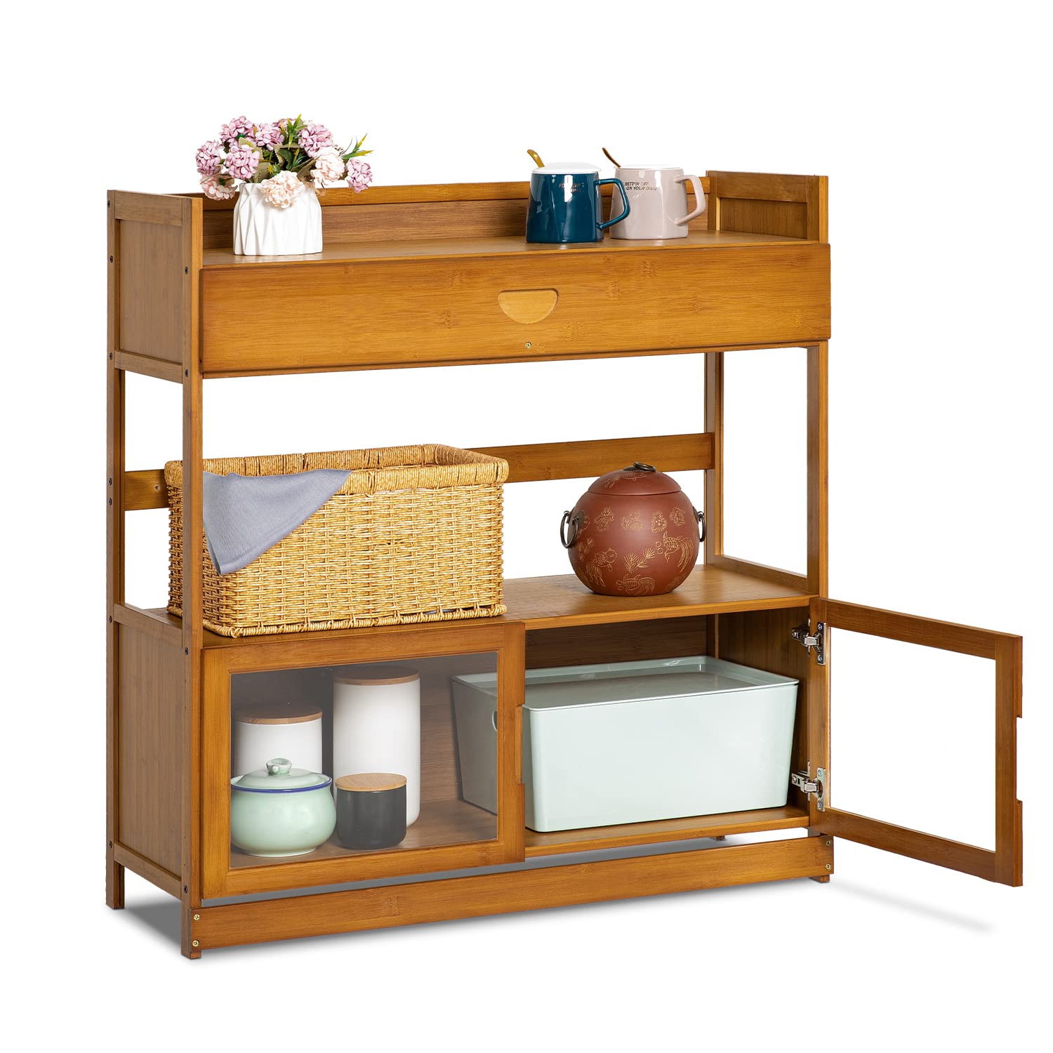 MoNiBloom Bamboo Kitchen Storage Cabinet with Acrylic Doors & Drawer - Organizer for Pots, Pans & Microwave Oven - Space Saving Sideboard Shelf for Small Kitchens & Apartments (Brown)