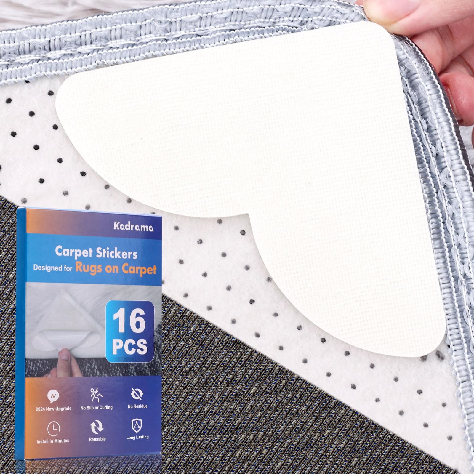 [16 Pack] Non-Slip Rug Corner Grippers - Secure Area Rugs on Carpet & Hardwood Floors | No Damage Carpet Tape for Carpet to Carpet | Perfect for Living Room, Bedroom & Office (White)