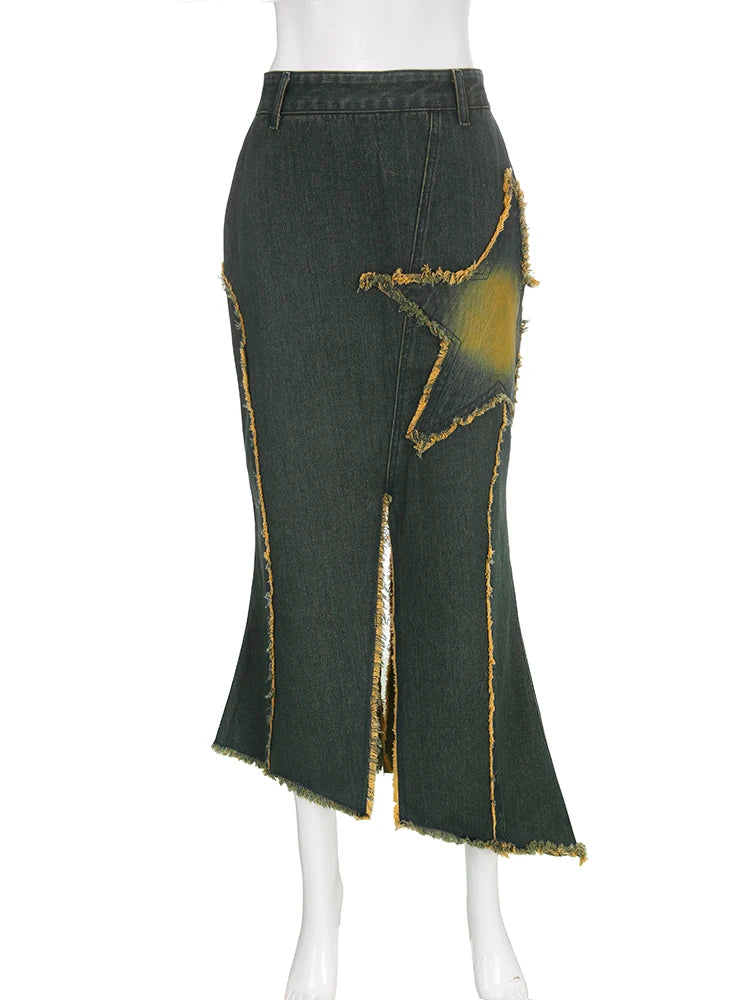 Vintage Asymmetrical Low Waist Denim Skirt for Women - Y2K Aesthetic Star Stitch Detail with Tassel Trim | Perfect for Casual Outfits, Streetwear & Retro Fashion Looks