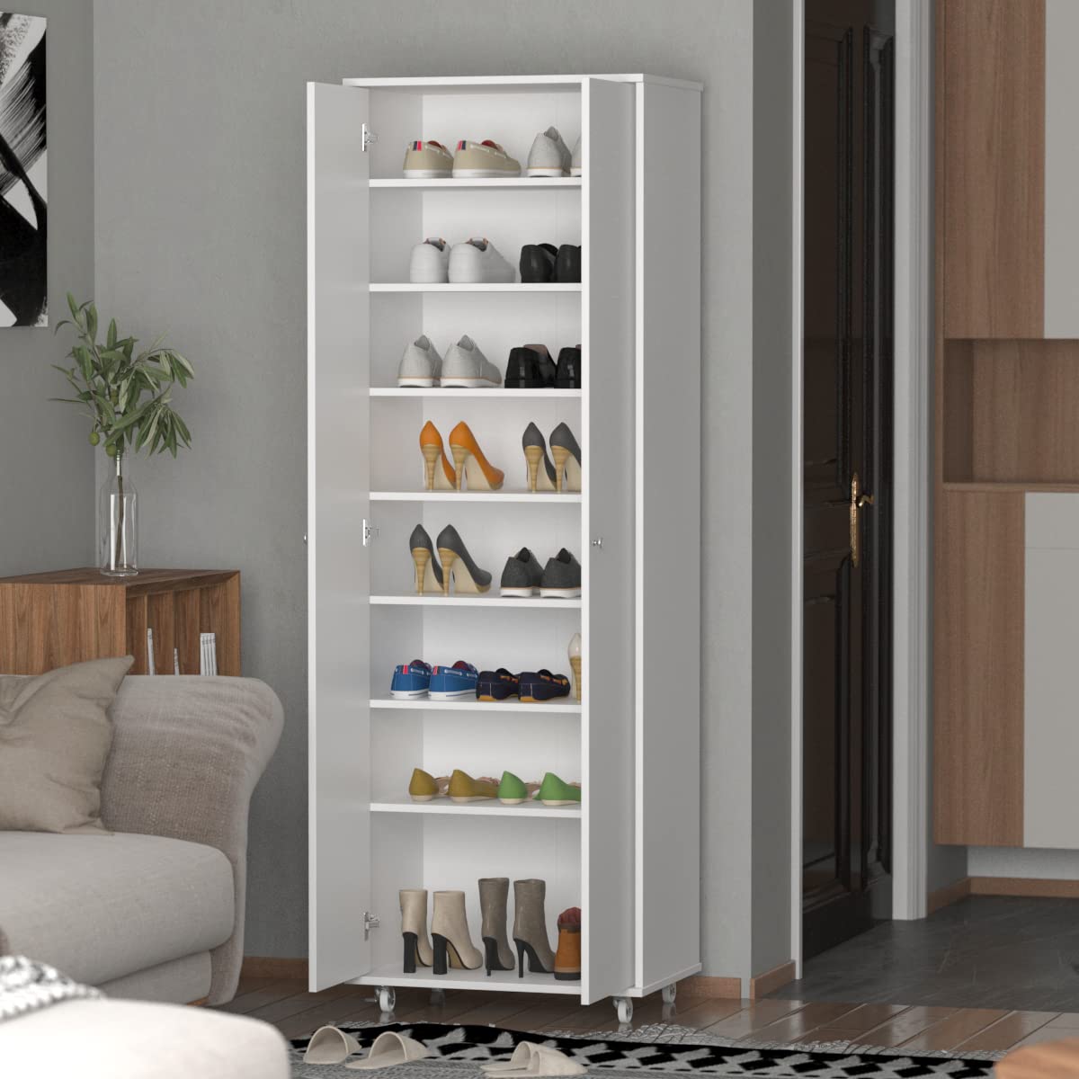 AIEGLE 8-Tier Tall Shoe Rack with Doors & Wheels - White Wooden Shoe Storage Cabinet for Entryway (23.6