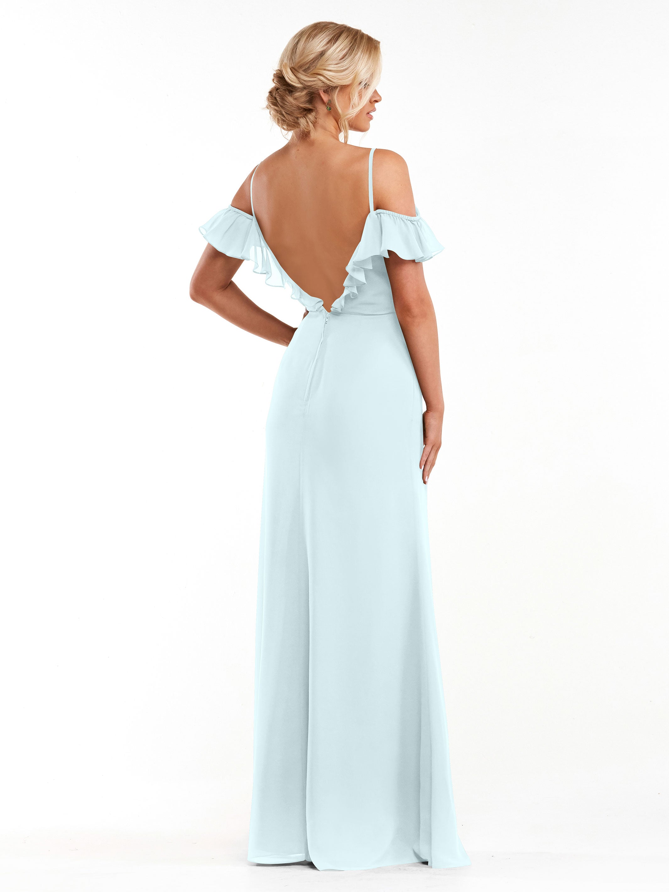 Elegant 80172 Chiffon Off-The-Shoulder A-Line Bridesmaid Dress with Ruffled Neckline - Perfect for Weddings, Formal Events & Special Occasions