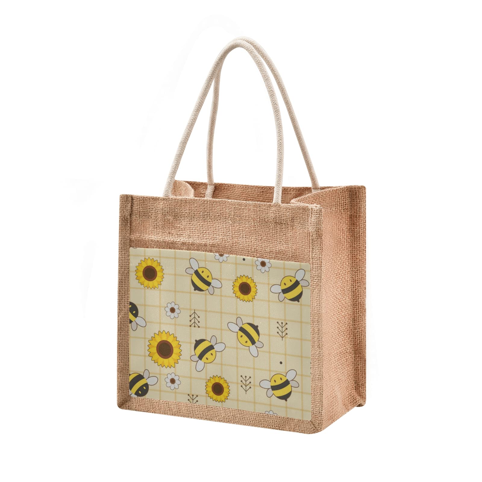Cute Bee Sunflower Jute Tote Bag with Zipper & Handles - 10x10 Inch Reusable Canvas Shopping Bag for Grocery, Picnic, Beach & Travel - Eco-Friendly Burlap Gift Bag for Women