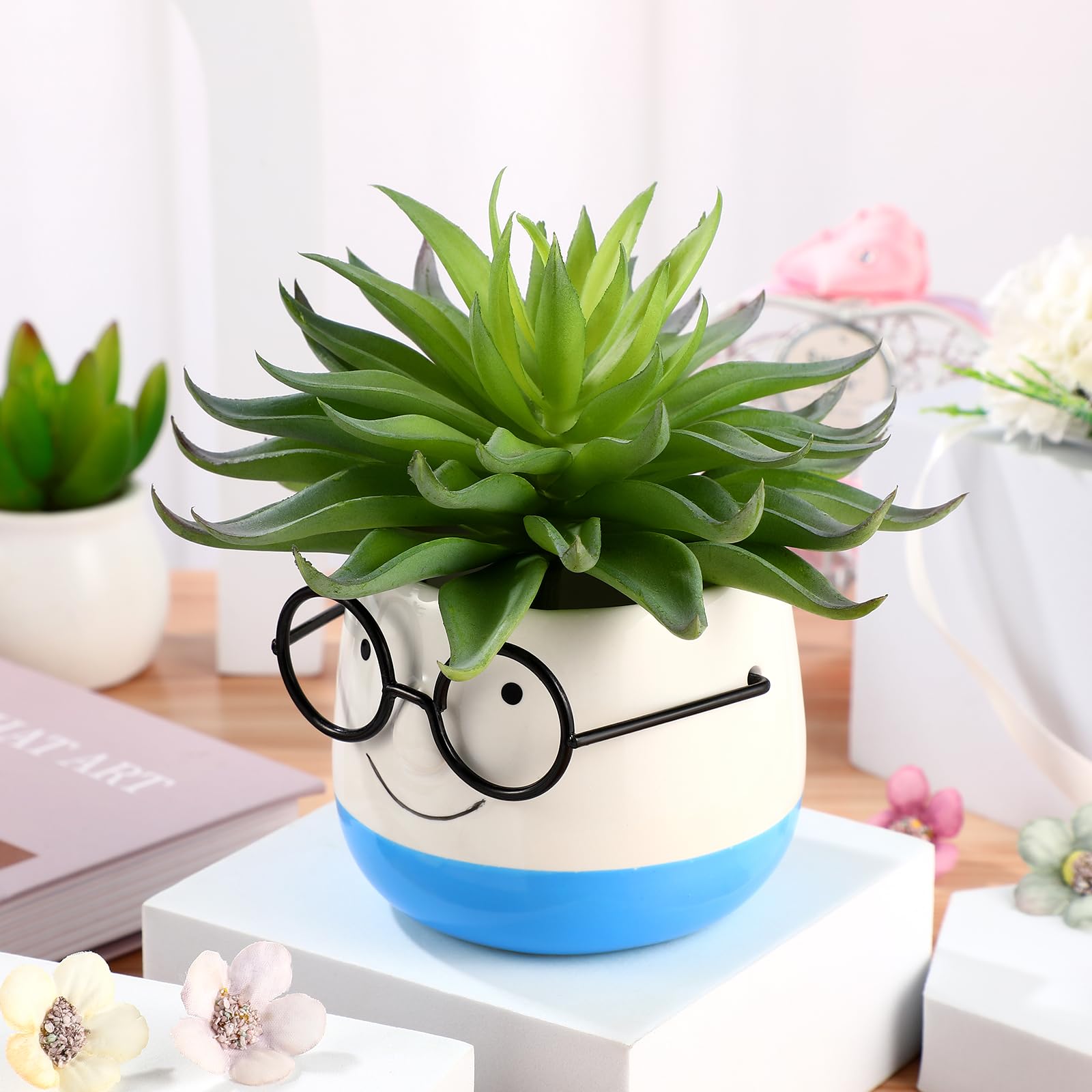 PRETYZOOM Ceramic Plant Pot with Eyeglasses Design - 6 Inch Bonsai Flower Pot, Succulent Planter, Pen Holder & Brush Cup for Home Office Desk Decor | Perfect for Small Plants, Cactus, Office Supplies Organization