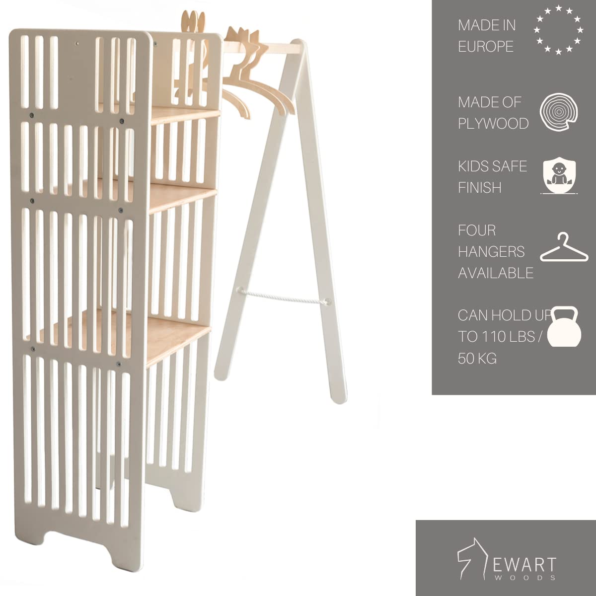 EWART WOODS Kids Wooden Wardrobe - Montessori Clothing Rack & Dress Up Storage for Toddlers - Children's Room Furniture for Closet Organization (Perfect for Bedroom, Playroom & Daycare)