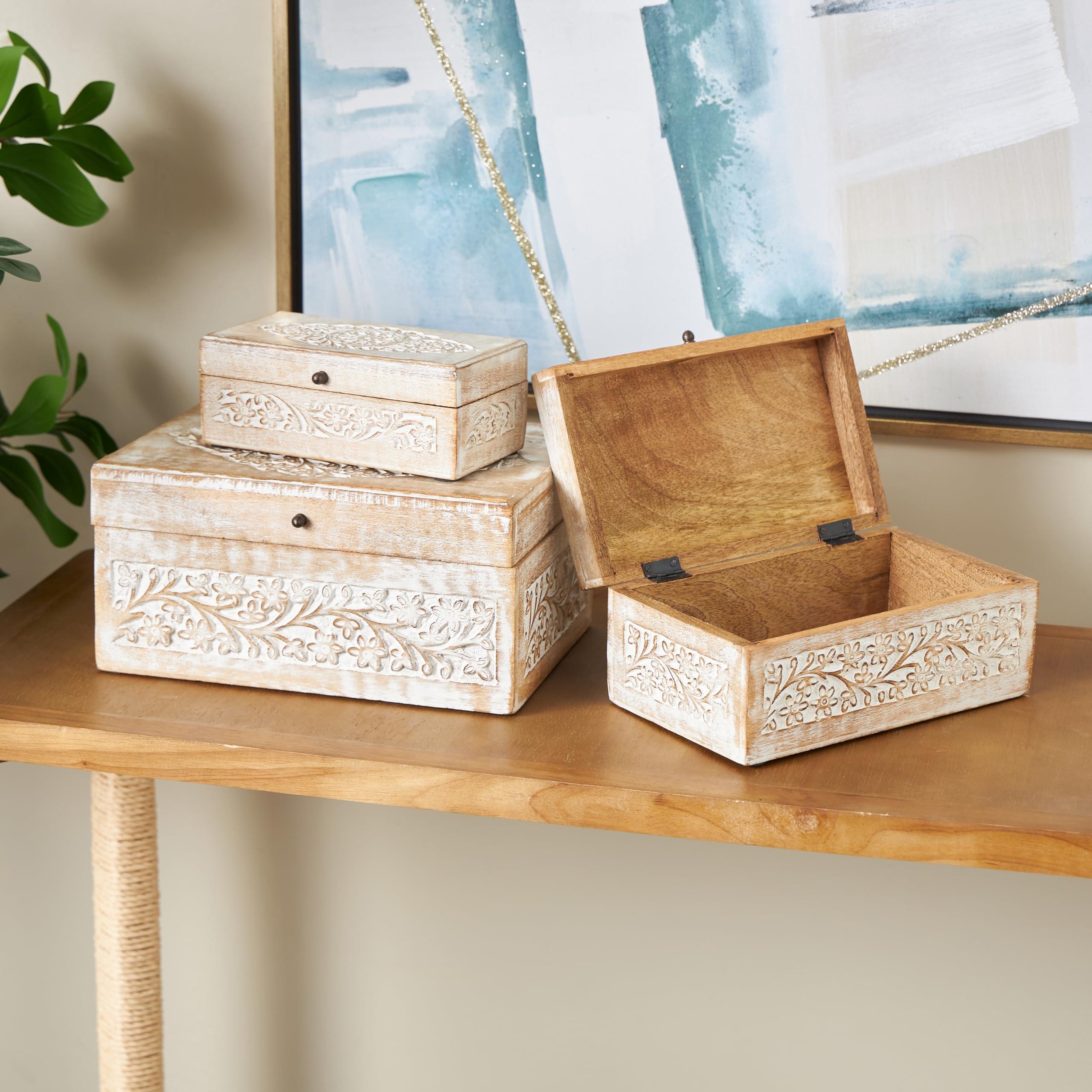 Mango Wood Floral Decorative Box Set of 3 - Storage for Home Decor
