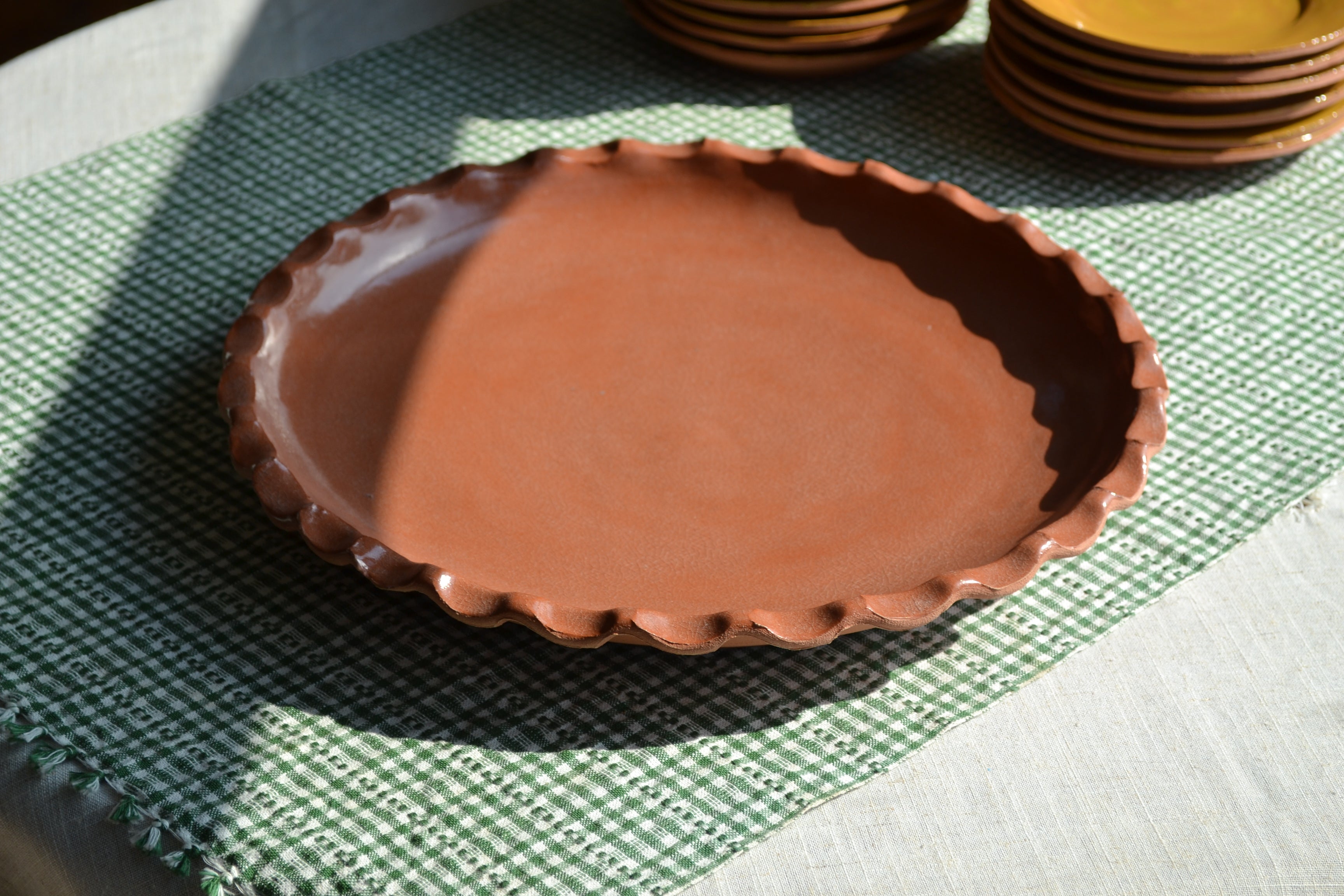 Handmade Round Terra Cotta Platter with Decorative Ruffle Rim - Perfect for Serving Charcuterie, Cheese, Appetizers & Farmhouse Table Decor